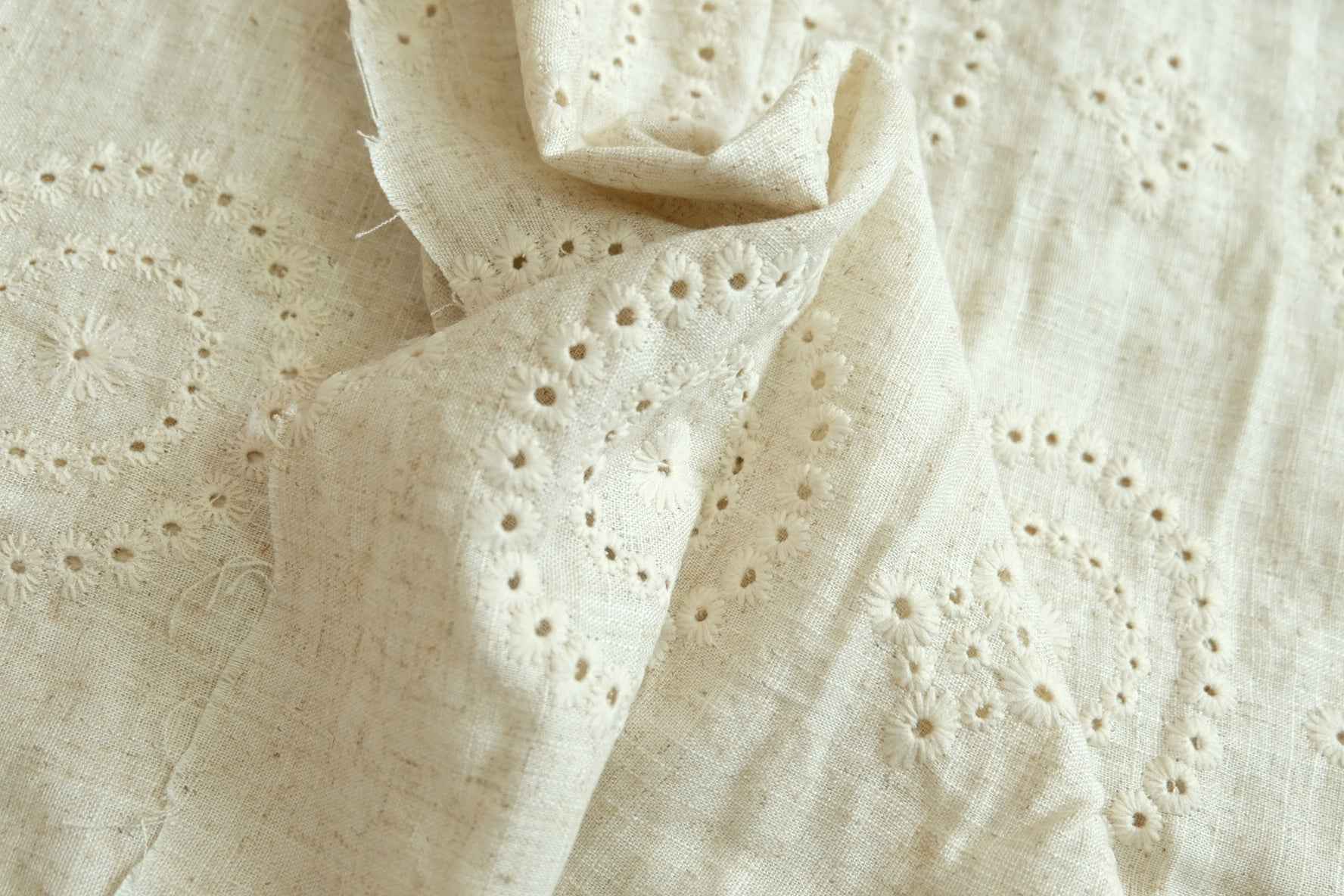 Italian Embroidered Linen – Eyelet Floral Linen Fabric (2.18 yards)