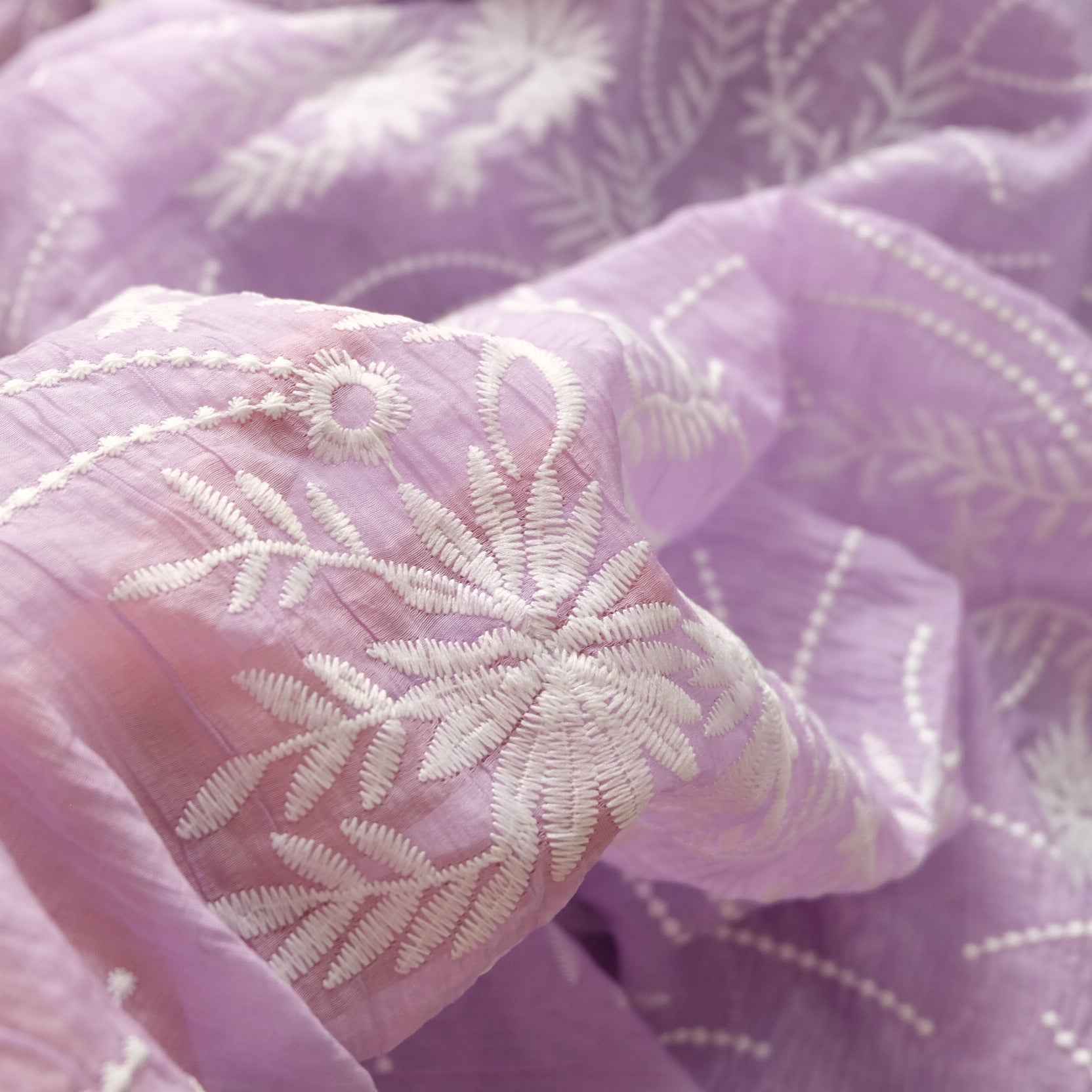 Lilac Embroidered Organza Fabric – Sheer Overlay Fabric for Skirts & Dresses (2.30 yds)