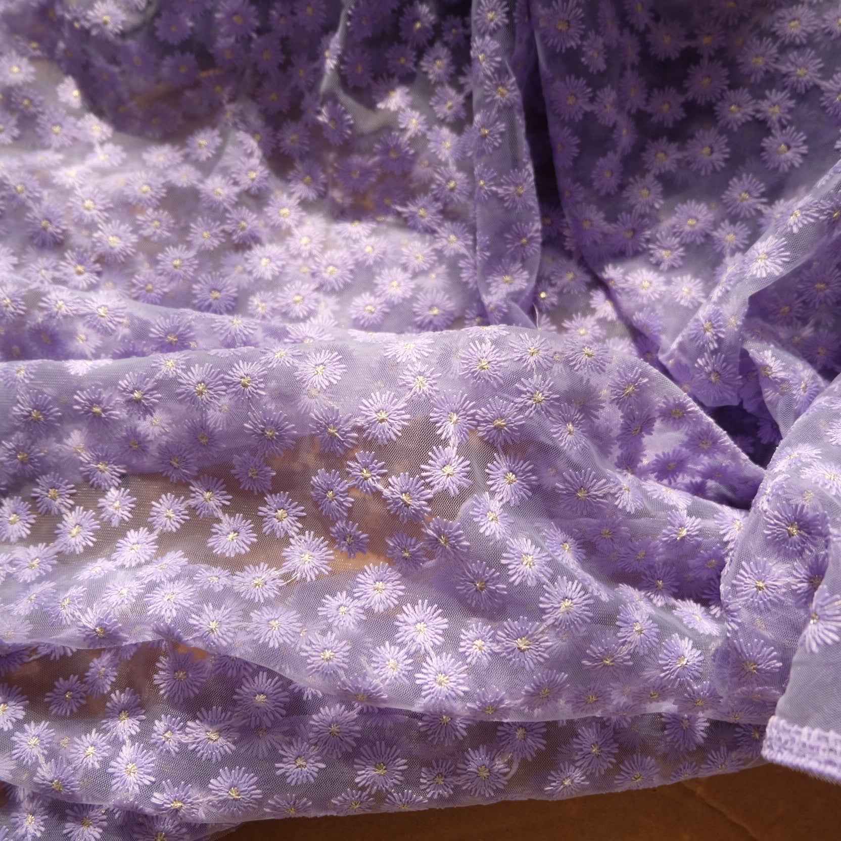 Lilac Floral Embroidered Mesh with Gold Detail — 1.6 yd