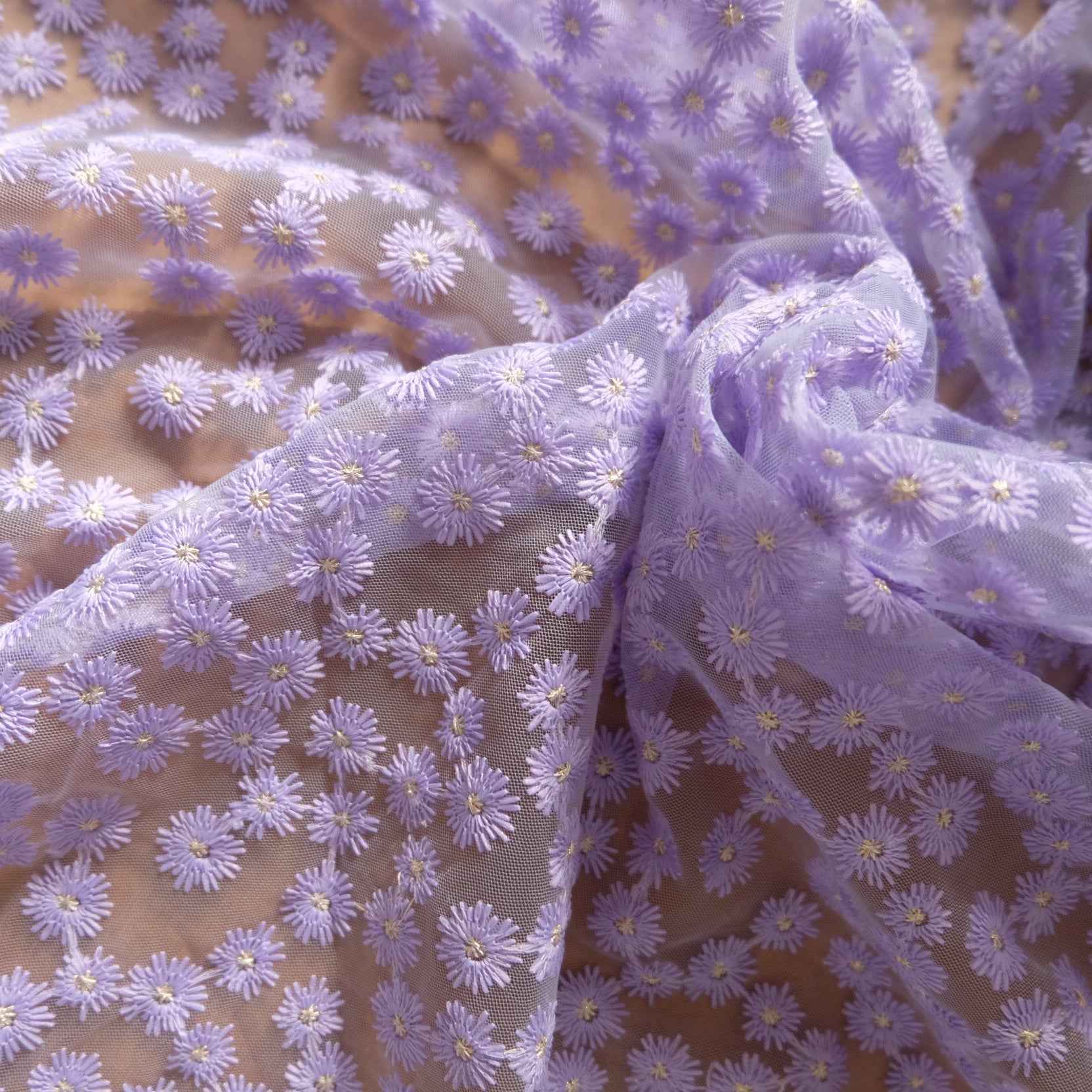 Lilac Floral Embroidered Mesh with Gold Detail — 1.6 yd