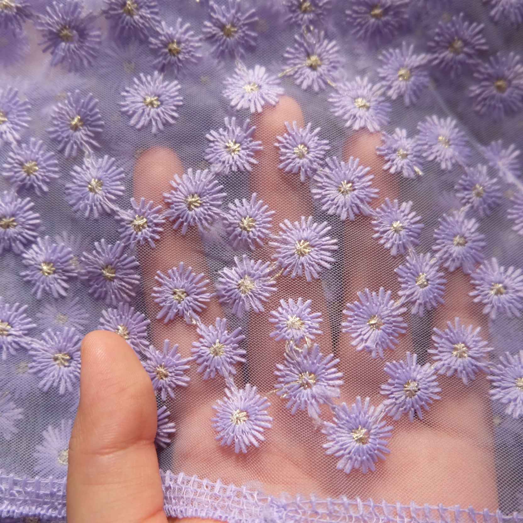 Lilac Floral Embroidered Mesh with Gold Detail — 1.6 yd