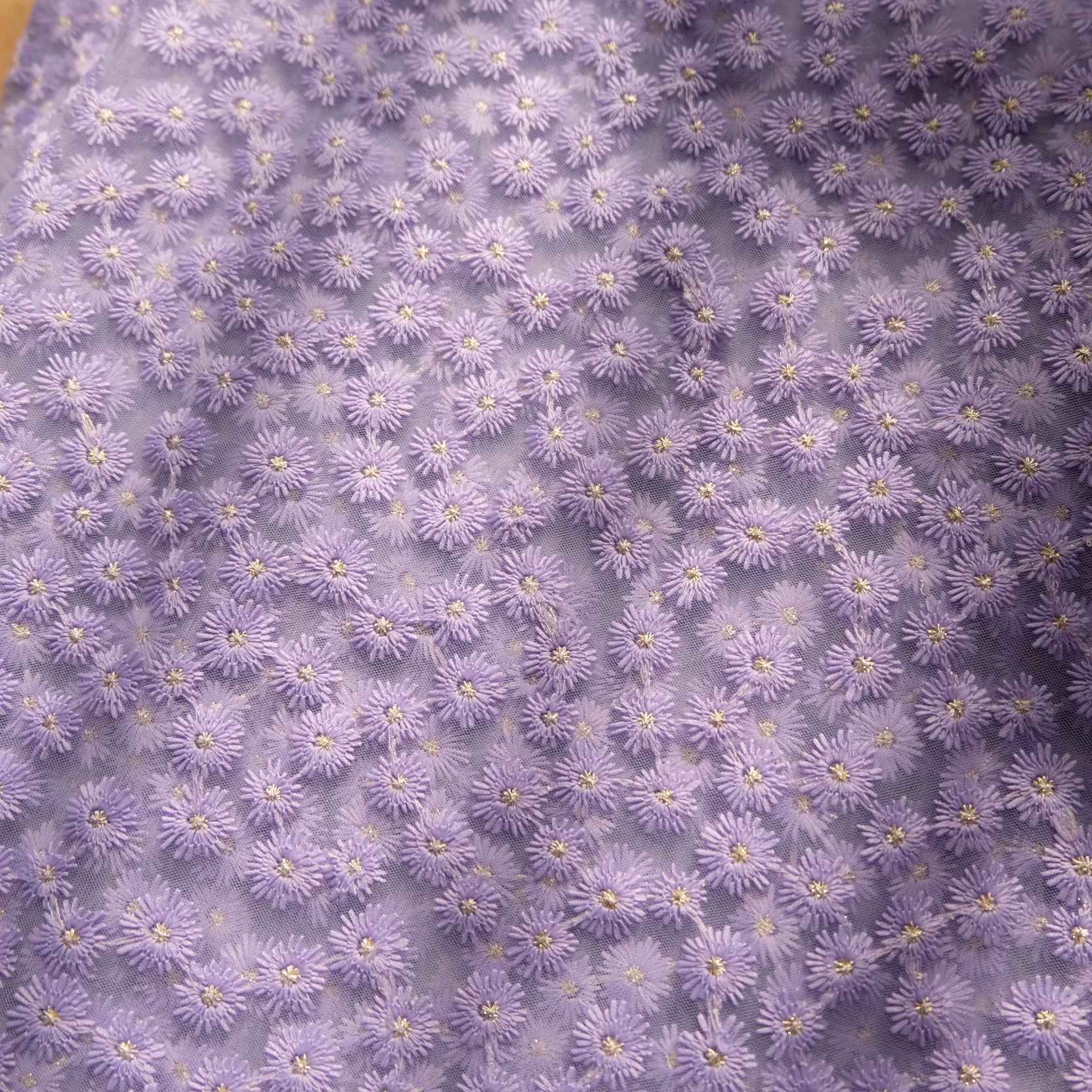 Lilac Floral Embroidered Mesh with Gold Detail — 1.6 yd