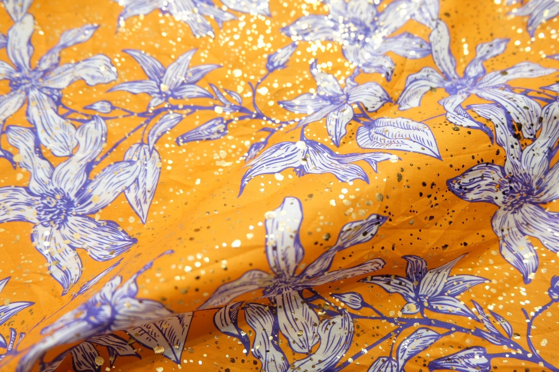 Lily Floral Sequined Cotton Broadcloth – Italian Designer Fabric – Bright Orange Base – 43” Wide – 1.1 Meters (~1.2 Yards) per Piece - BUBBO