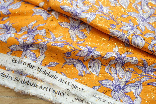 Lily Floral Sequined Cotton Broadcloth – Italian Designer Fabric – Bright Orange Base – 43” Wide – 1.1 Meters (~1.2 Yards) per Piece - BUBBO