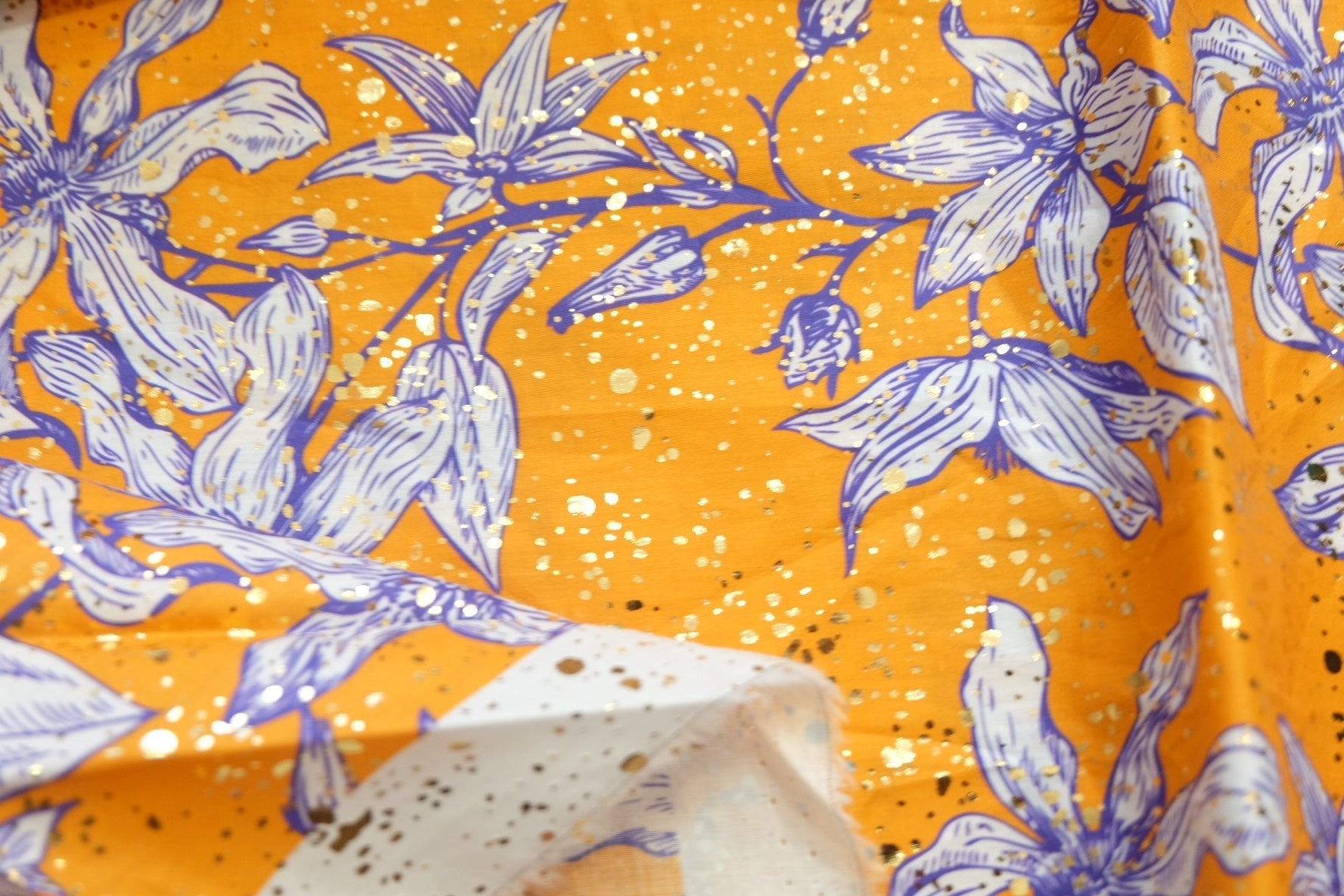 Lily Floral Sequined Cotton Broadcloth – Italian Designer Fabric – Bright Orange Base – 43” Wide – 1.1 Meters (~1.2 Yards) per Piece - BUBBO