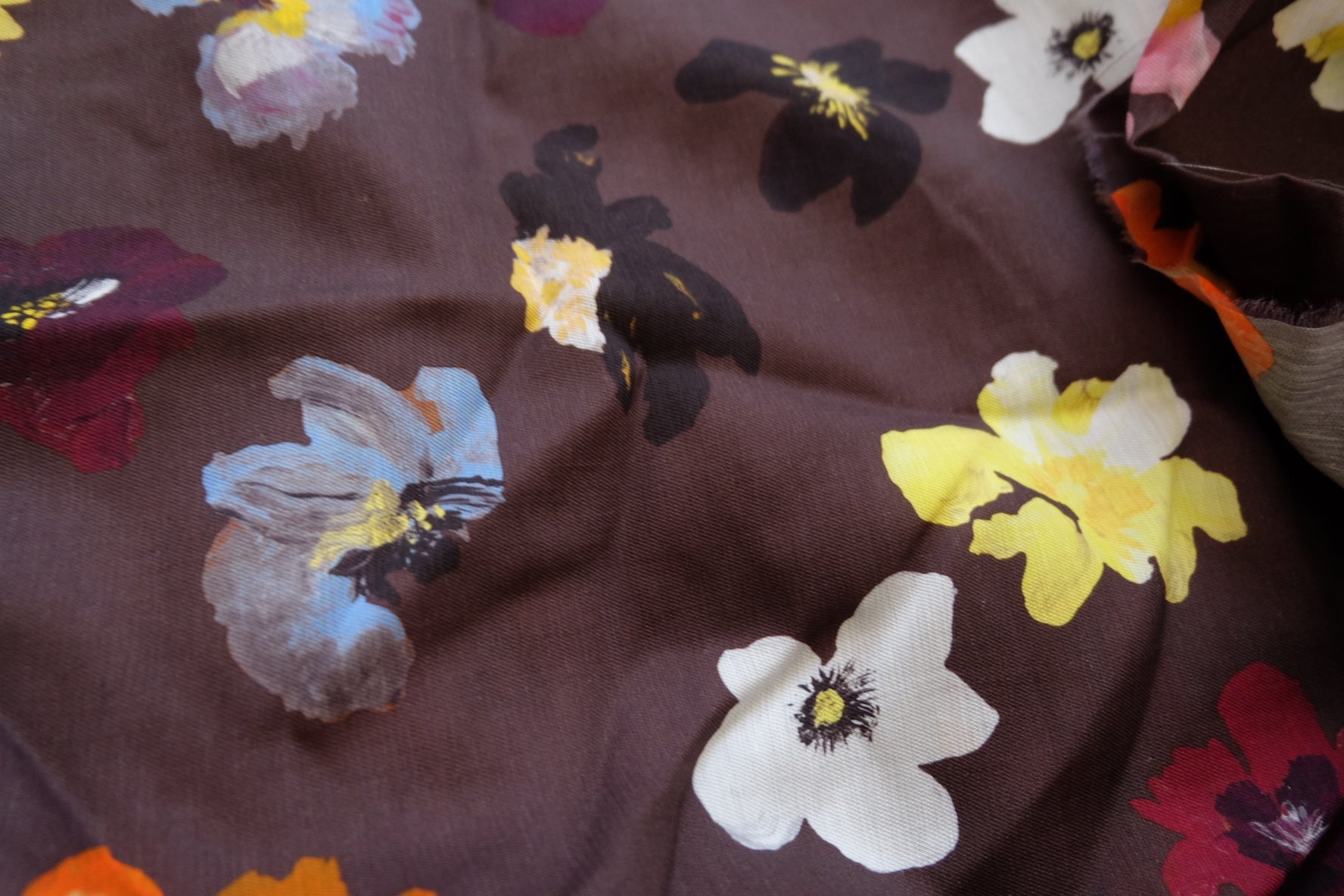 Limited Edition Linen - Cotton Blend – Oil - Paint Floral on Deep Chocolate – 57” Wide – Sold by the Yard – Designer Remnant - BUBBO