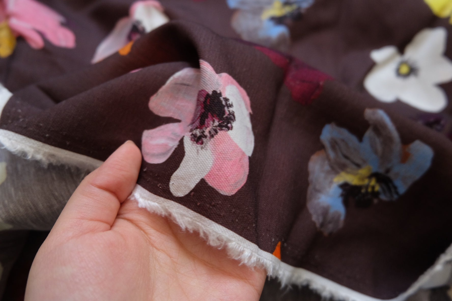 Limited Edition Linen - Cotton Blend – Oil - Paint Floral on Deep Chocolate – 57” Wide – Sold by the Yard – Designer Remnant - BUBBO