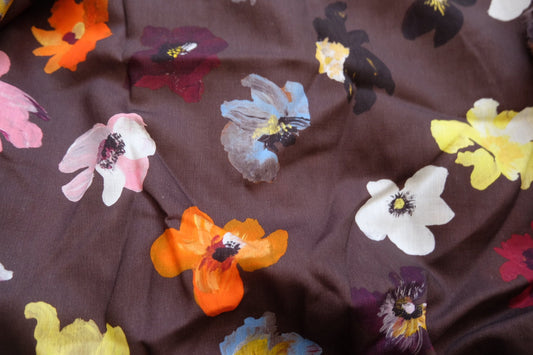 Limited Edition Linen - Cotton Blend – Oil - Paint Floral on Deep Chocolate – 57” Wide – Sold by the Yard – Designer Remnant - BUBBO