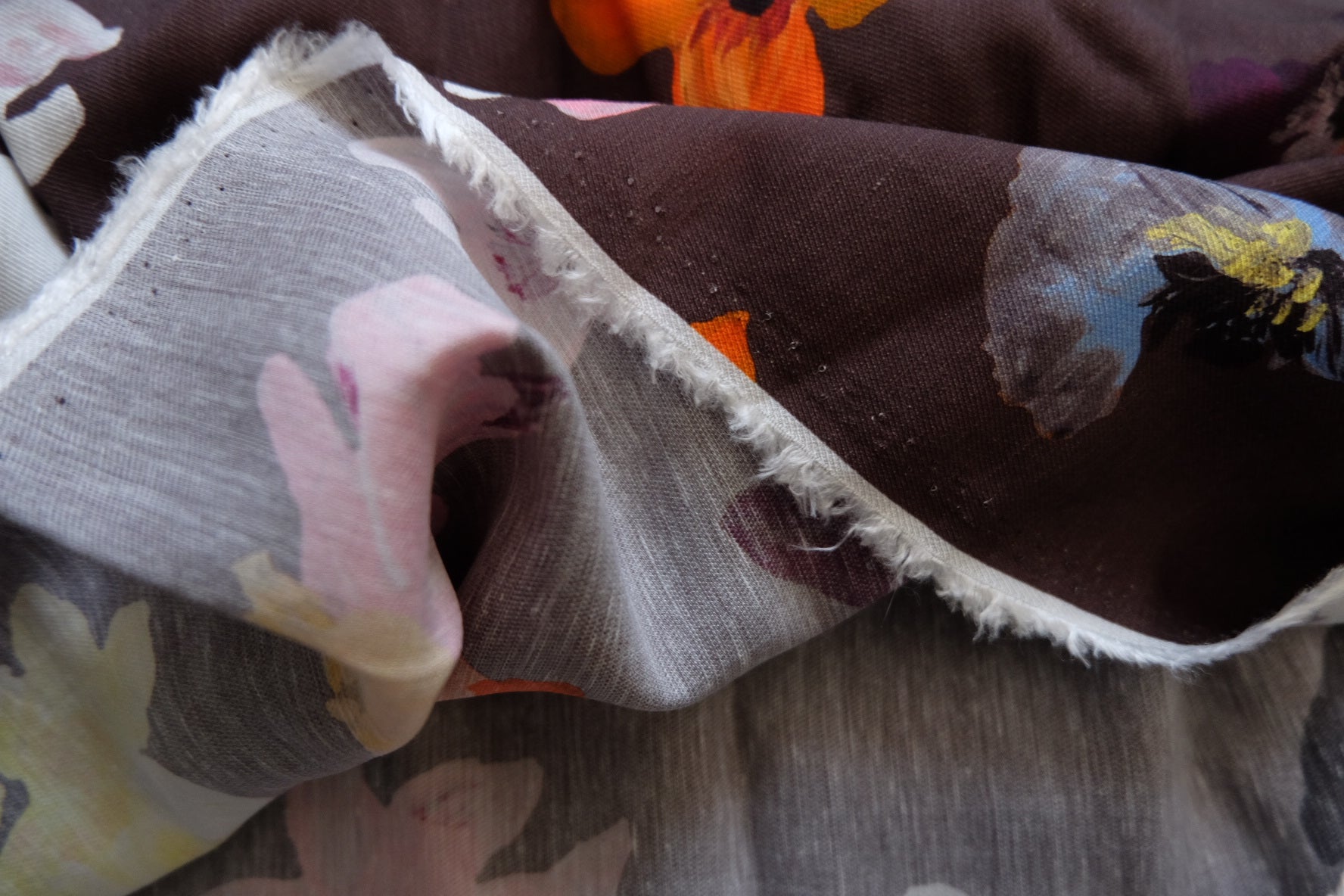 Limited Edition Linen - Cotton Blend – Oil - Paint Floral on Deep Chocolate – 57” Wide – Sold by the Yard – Designer Remnant - BUBBO