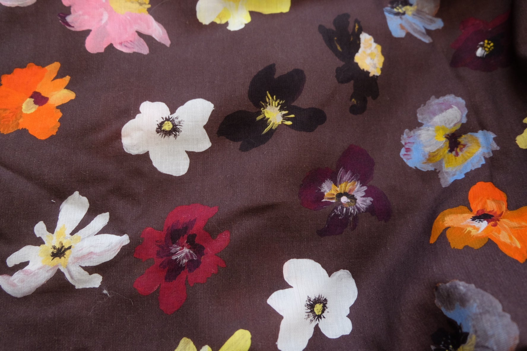 Limited Edition Linen - Cotton Blend – Oil - Paint Floral on Deep Chocolate – 57” Wide – Sold by the Yard – Designer Remnant - BUBBO