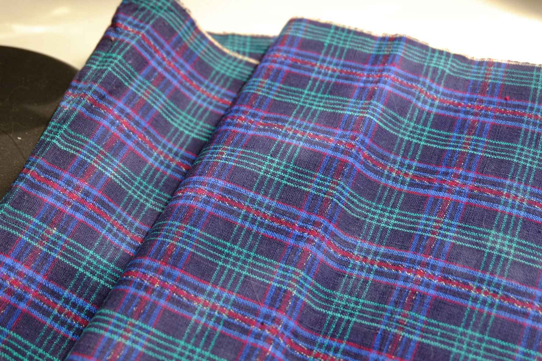 Navy Grid Tǔbù with Emerald & Crimson Accents - 38cm Width - BUBBO