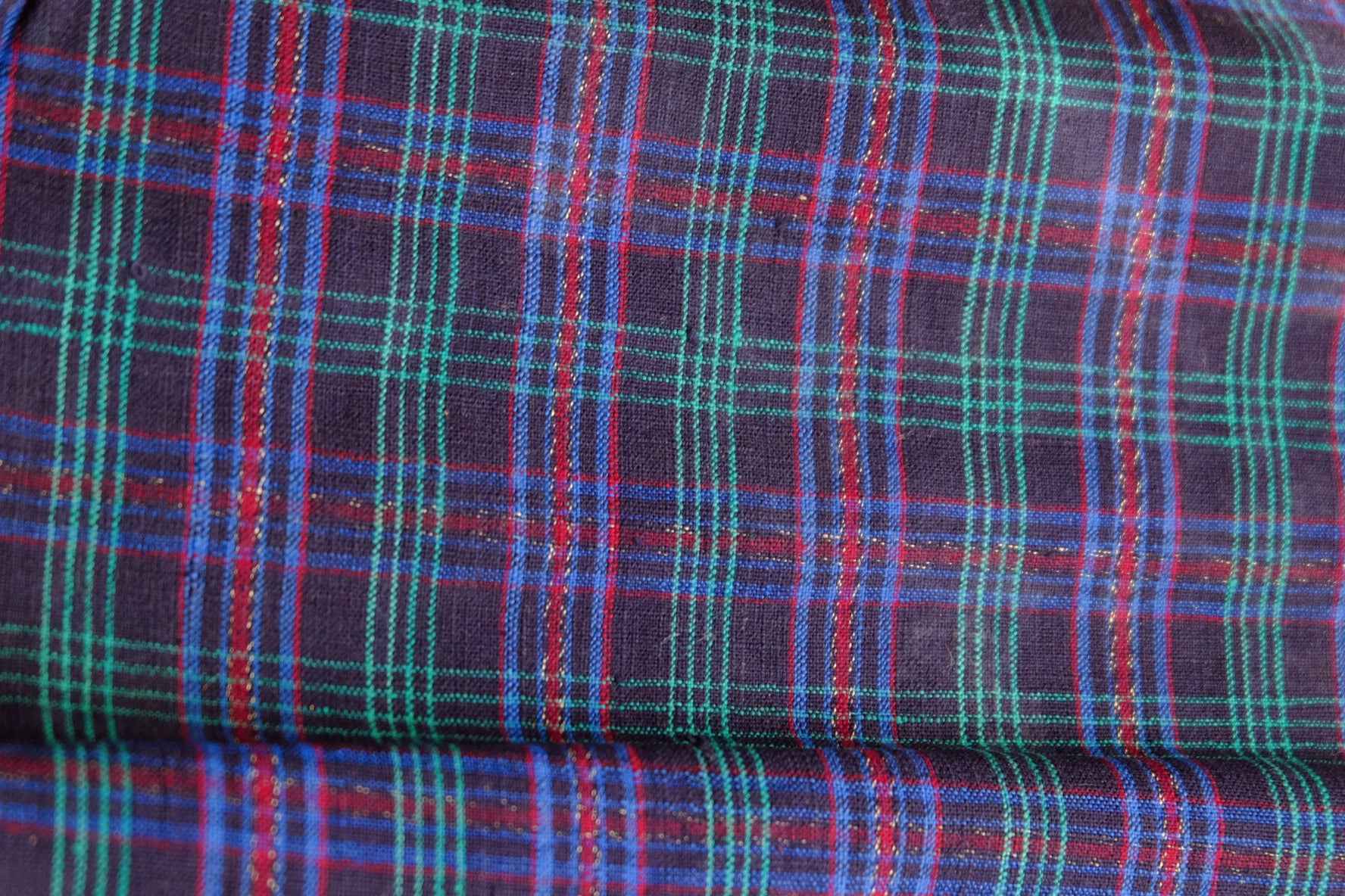 Navy Grid Tǔbù with Emerald & Crimson Accents - 38cm Width - BUBBO