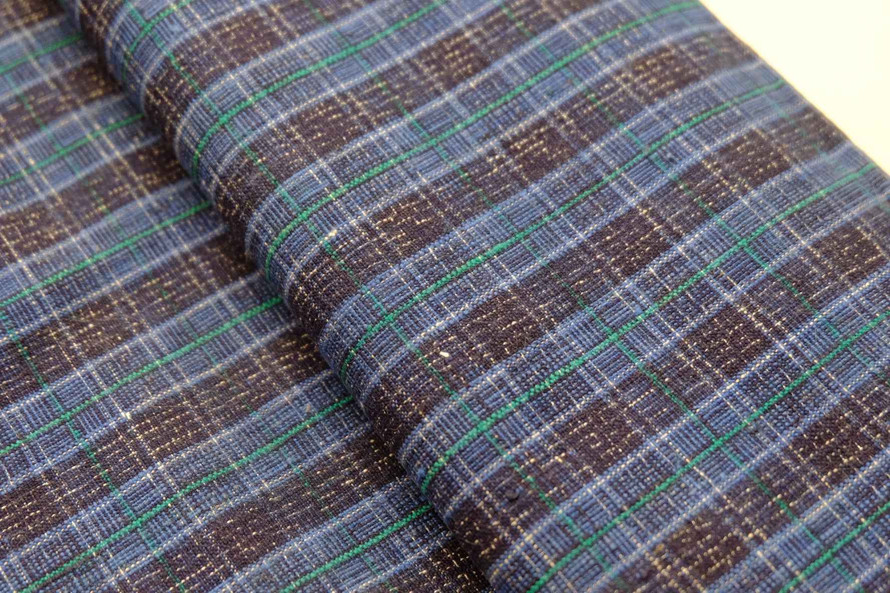 Navy Luster: Reed - Pattern Tǔbù with Denim Blue & Emerald Lines - 37cm Width - BUBBO