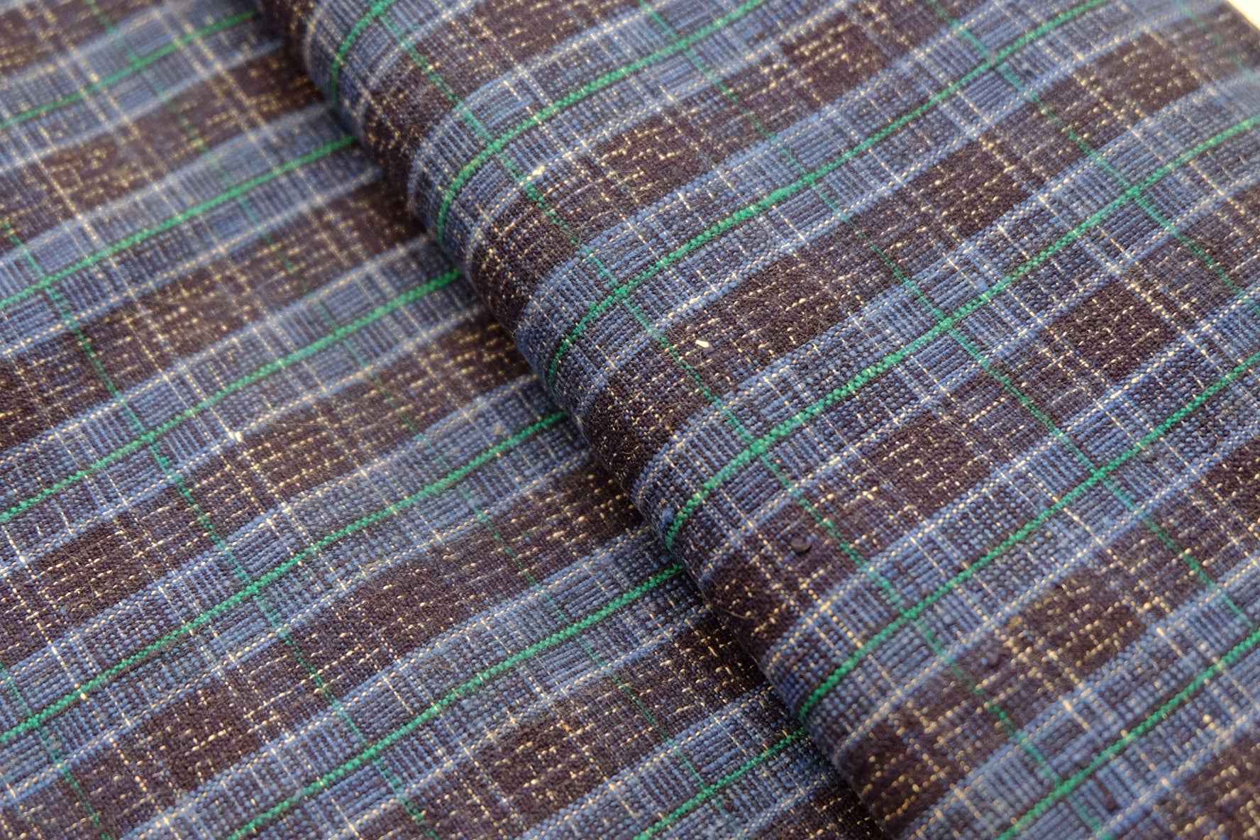 Navy Luster: Reed - Pattern Tǔbù with Denim Blue & Emerald Lines - 37cm Width - BUBBO