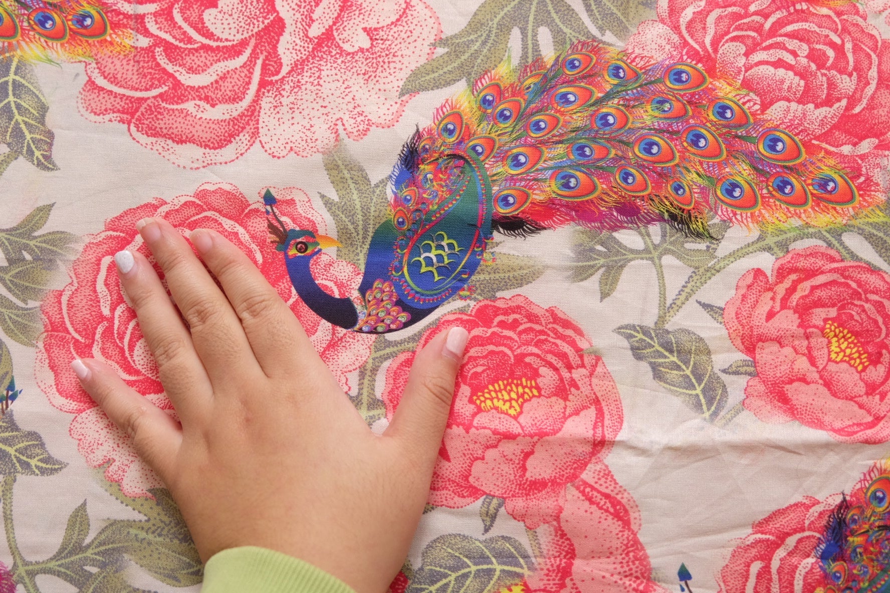 Peacock & Peony Print Cotton Fabric – Pink - White Background – 43” Wide – Approx. 2.4 Meters Total - BUBBO