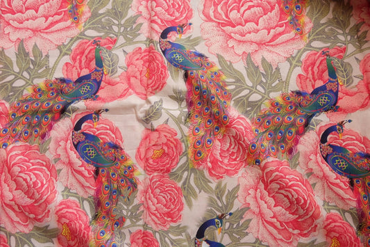 Peacock & Peony Print Cotton Fabric – Pink - White Background – 43” Wide – Approx. 2.4 Meters Total - BUBBO