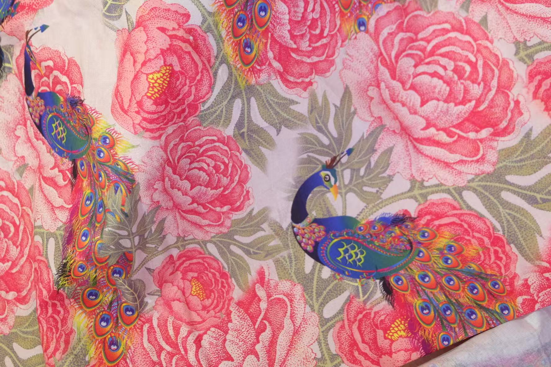 Peony & Peacock Cotton Print — Deadstock Fabric (1.2 Yards) - BUBBO