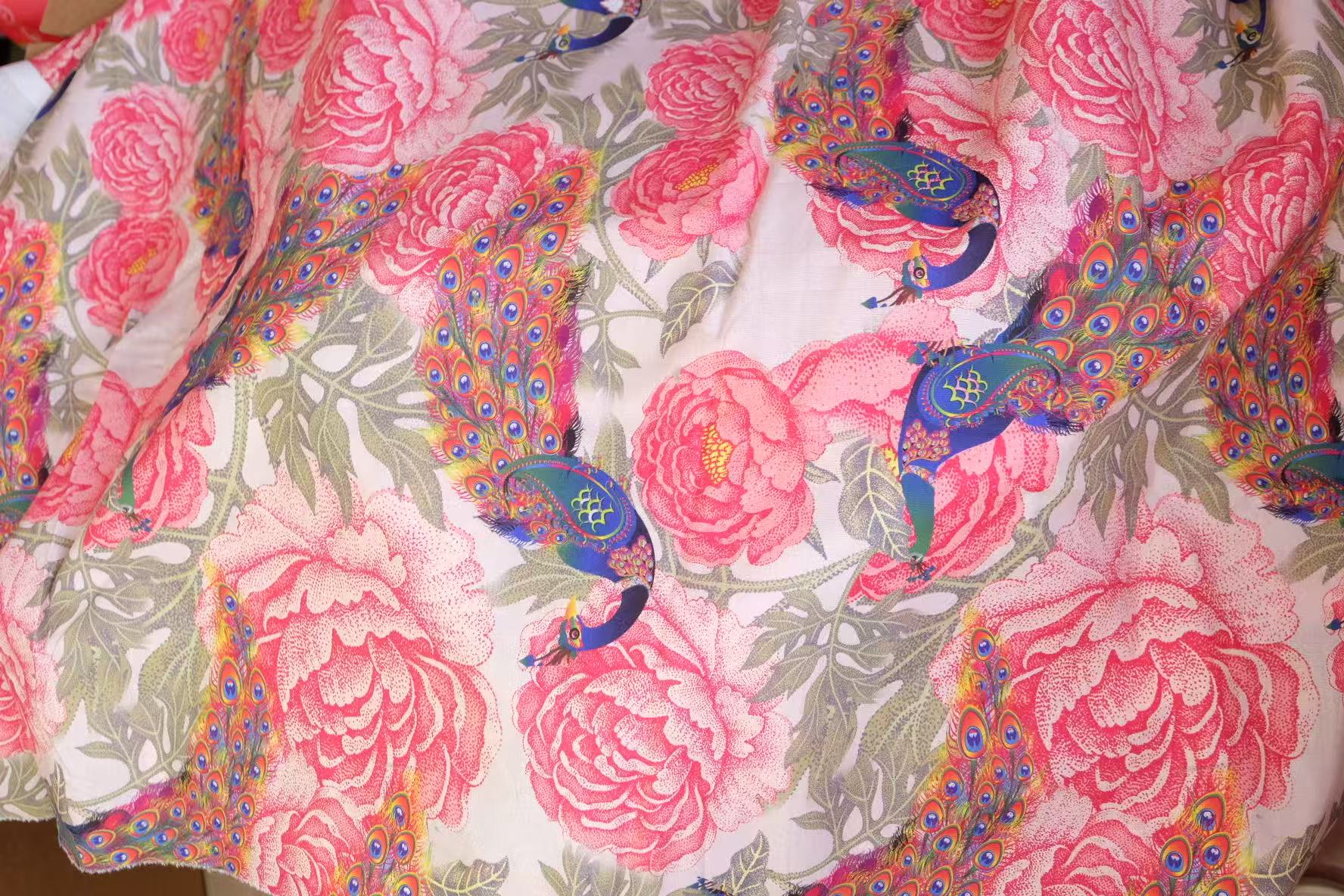 Peony & Peacock Cotton Print — Deadstock Fabric (1.2 Yards) - BUBBO