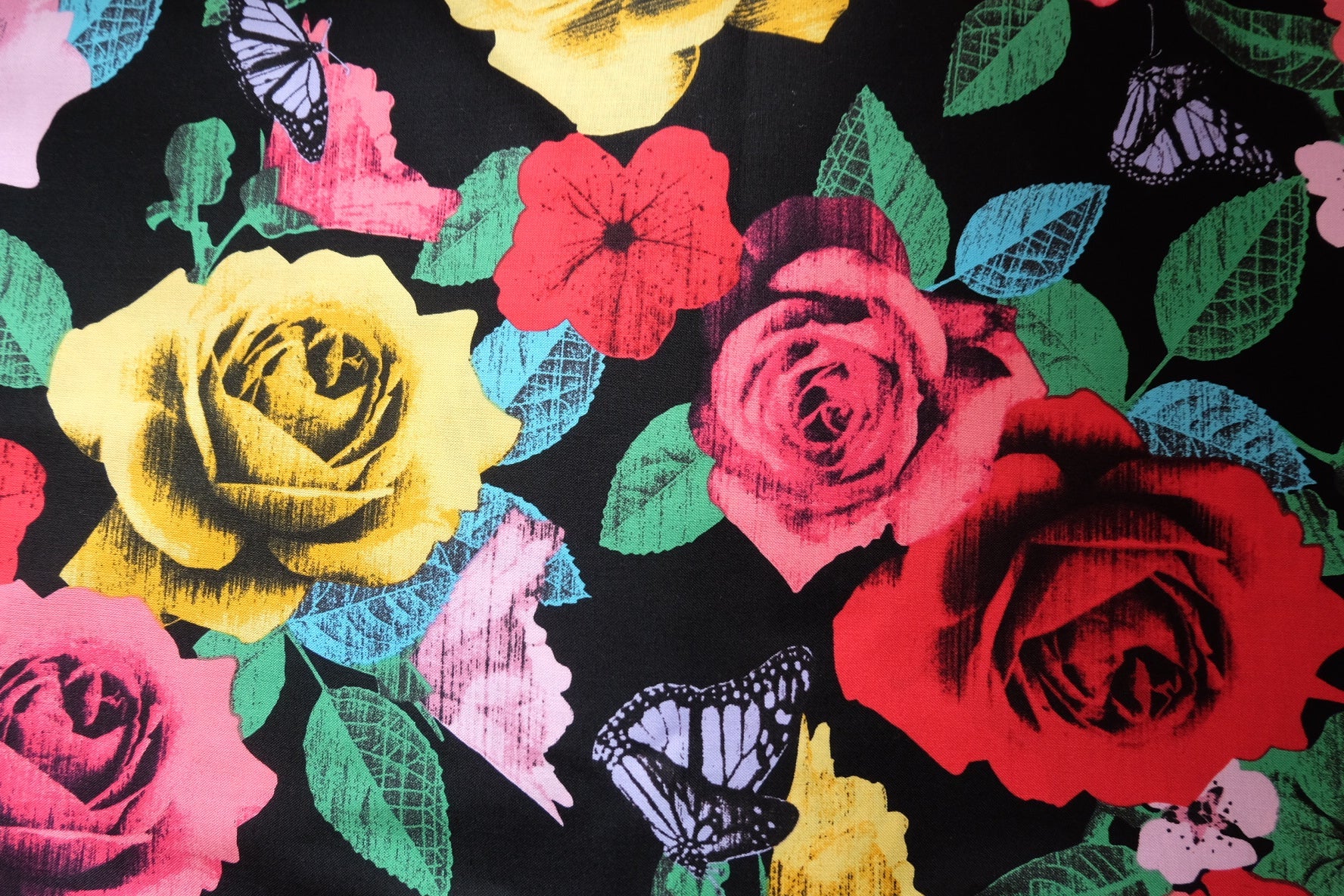 Pop Art Rose Print Fabric – Designer Remnant – High - Saturation Floral – 59” Wide – Sold by Half Yard - BUBBO