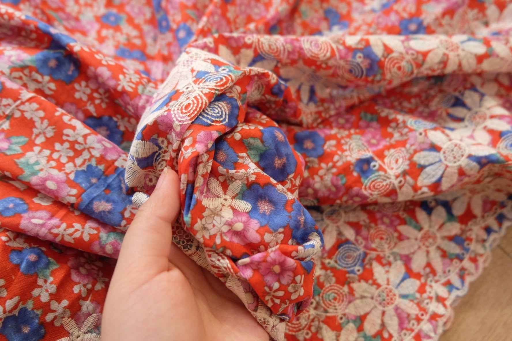 Red Floral Cotton with Embroidered Eyelet Borders — 3 Yards