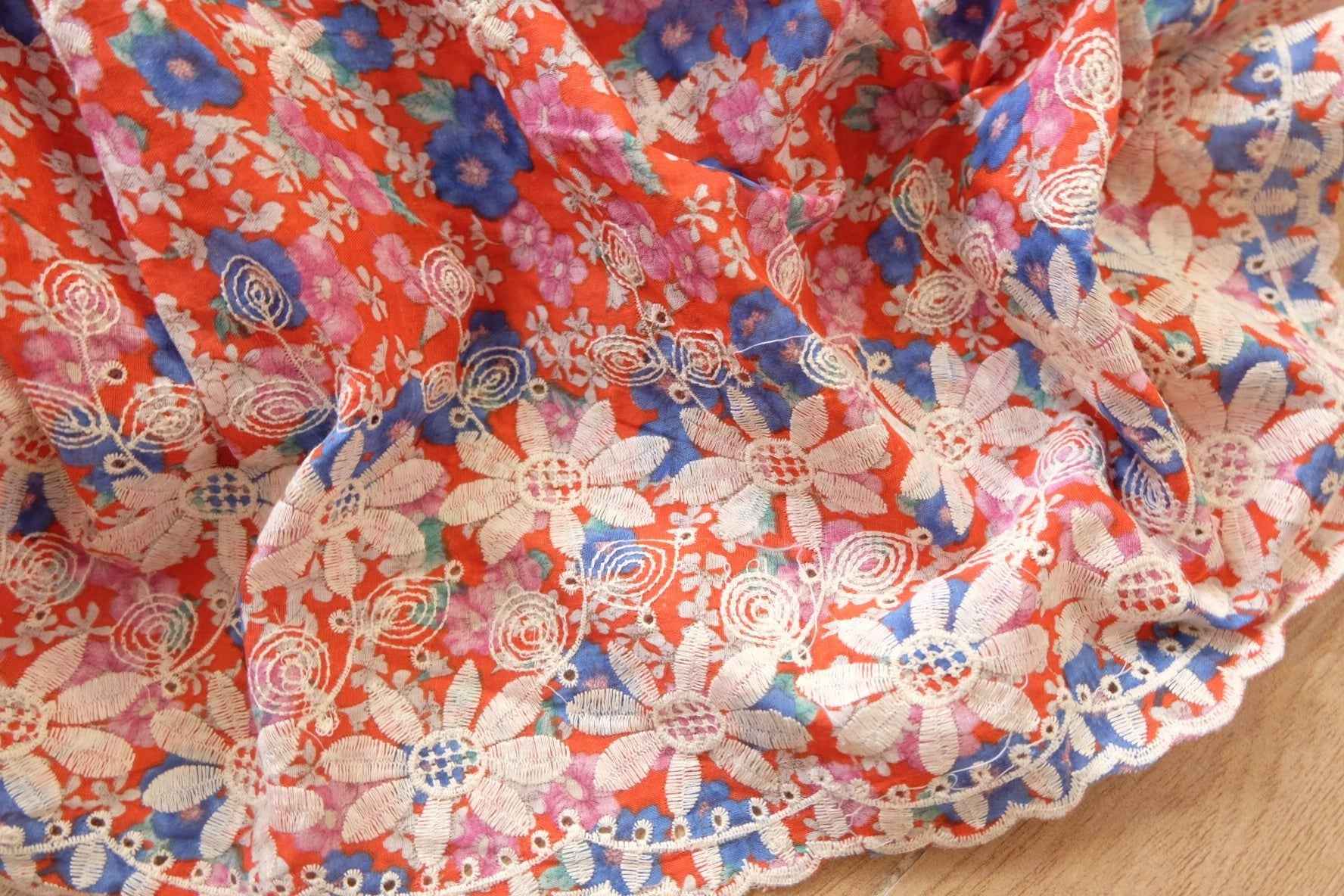 Red Floral Cotton with Embroidered Eyelet Borders — 3 Yards