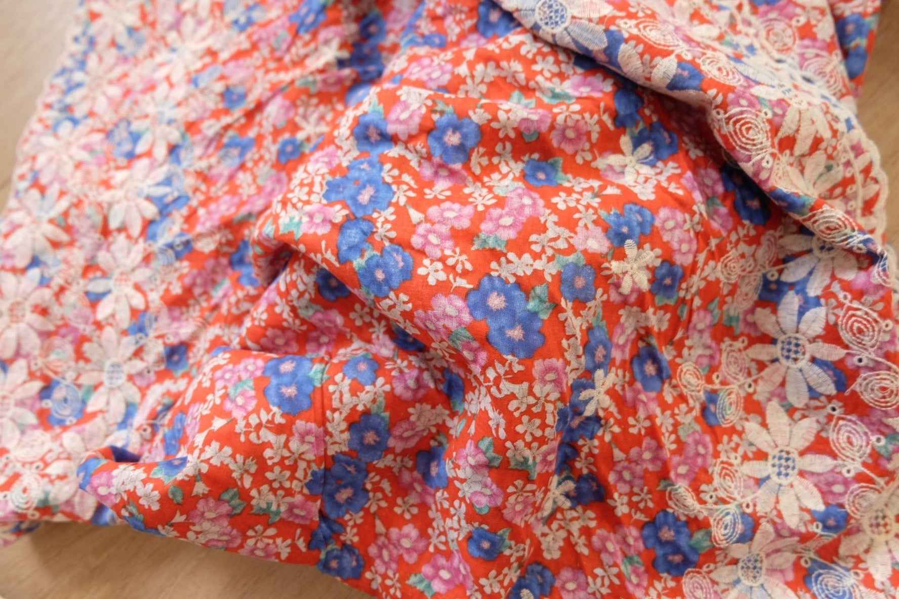 Red Floral Cotton with Embroidered Eyelet Borders — 3 Yards