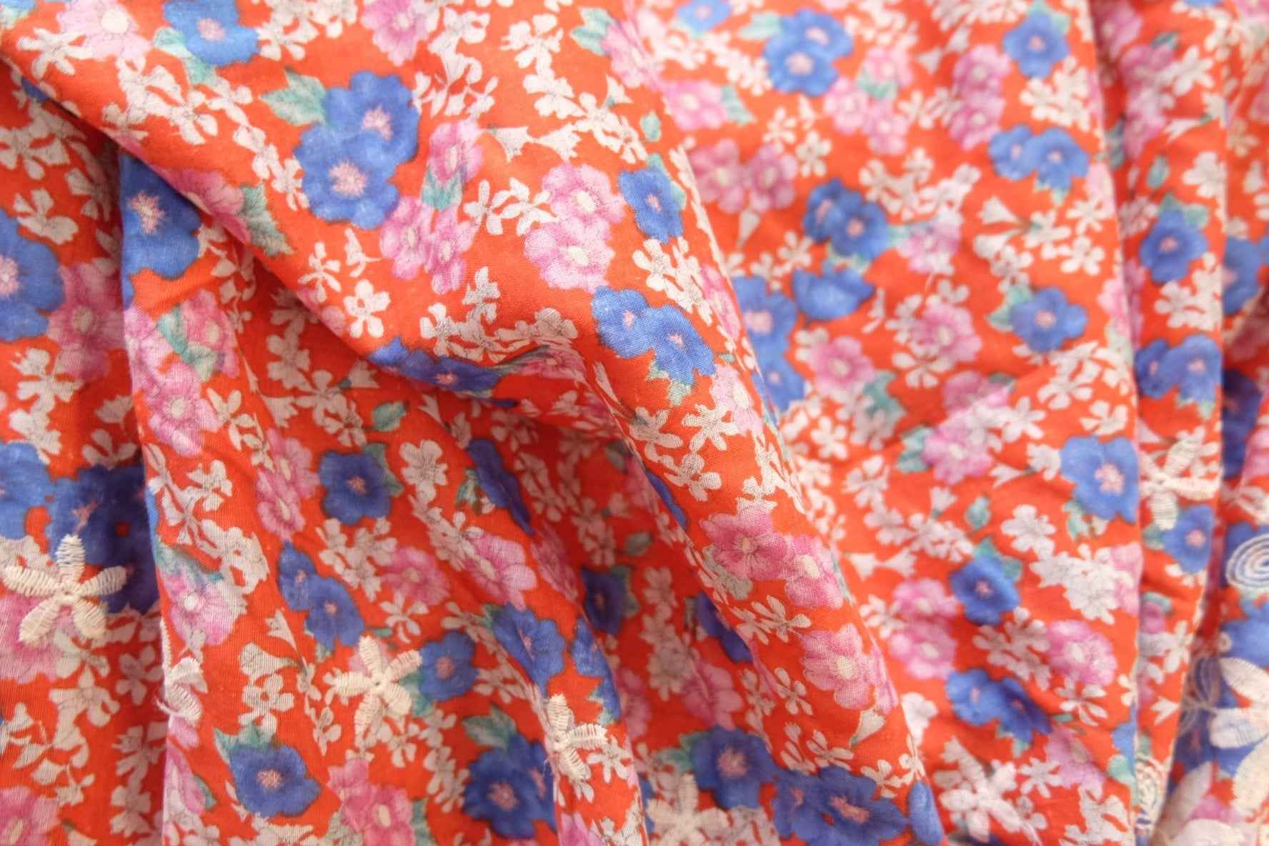 Red Floral Cotton with Embroidered Eyelet Borders — 3 Yards