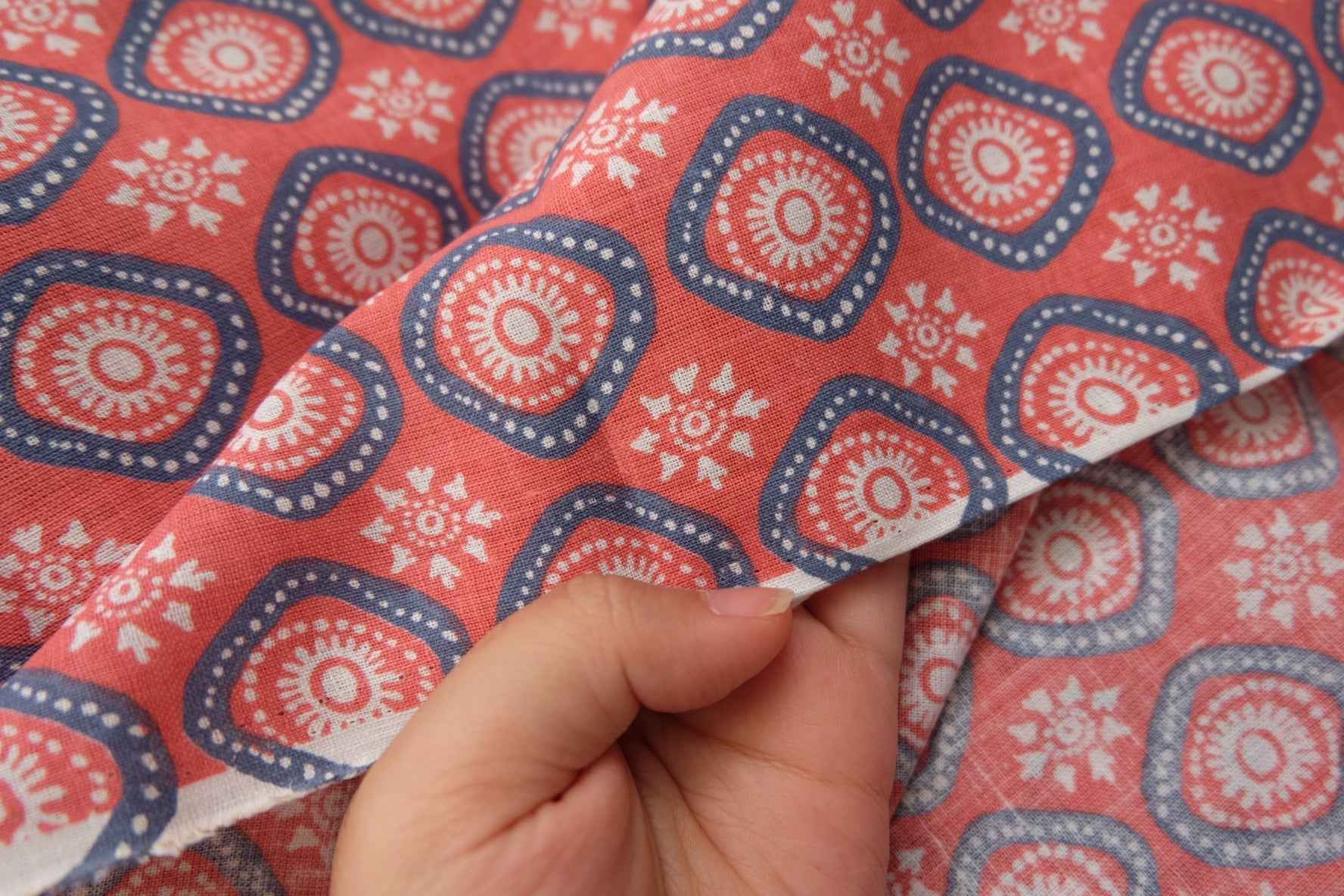 Red Geometric Folk Cotton Linen Blend (2.2yards)
