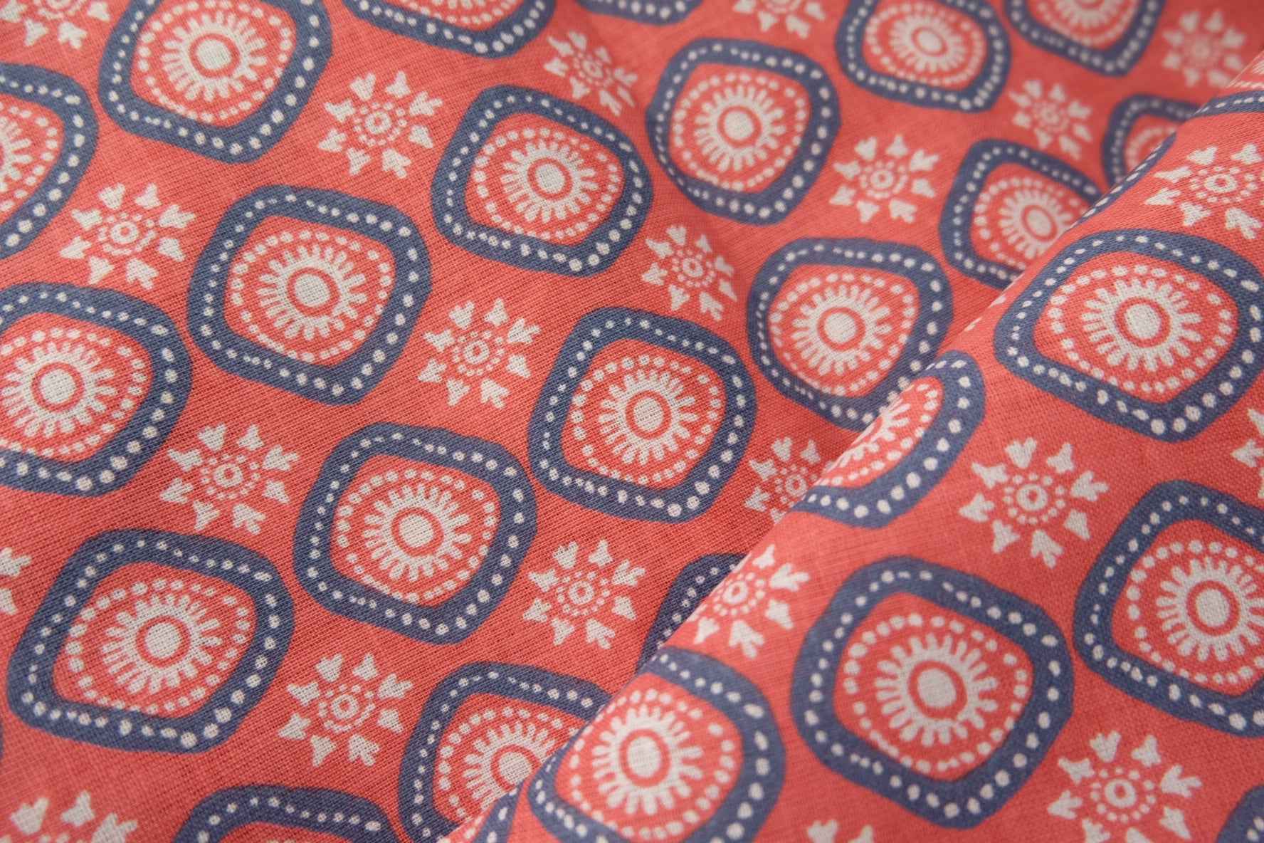 Red Geometric Folk Cotton Linen Blend (2.2yards)
