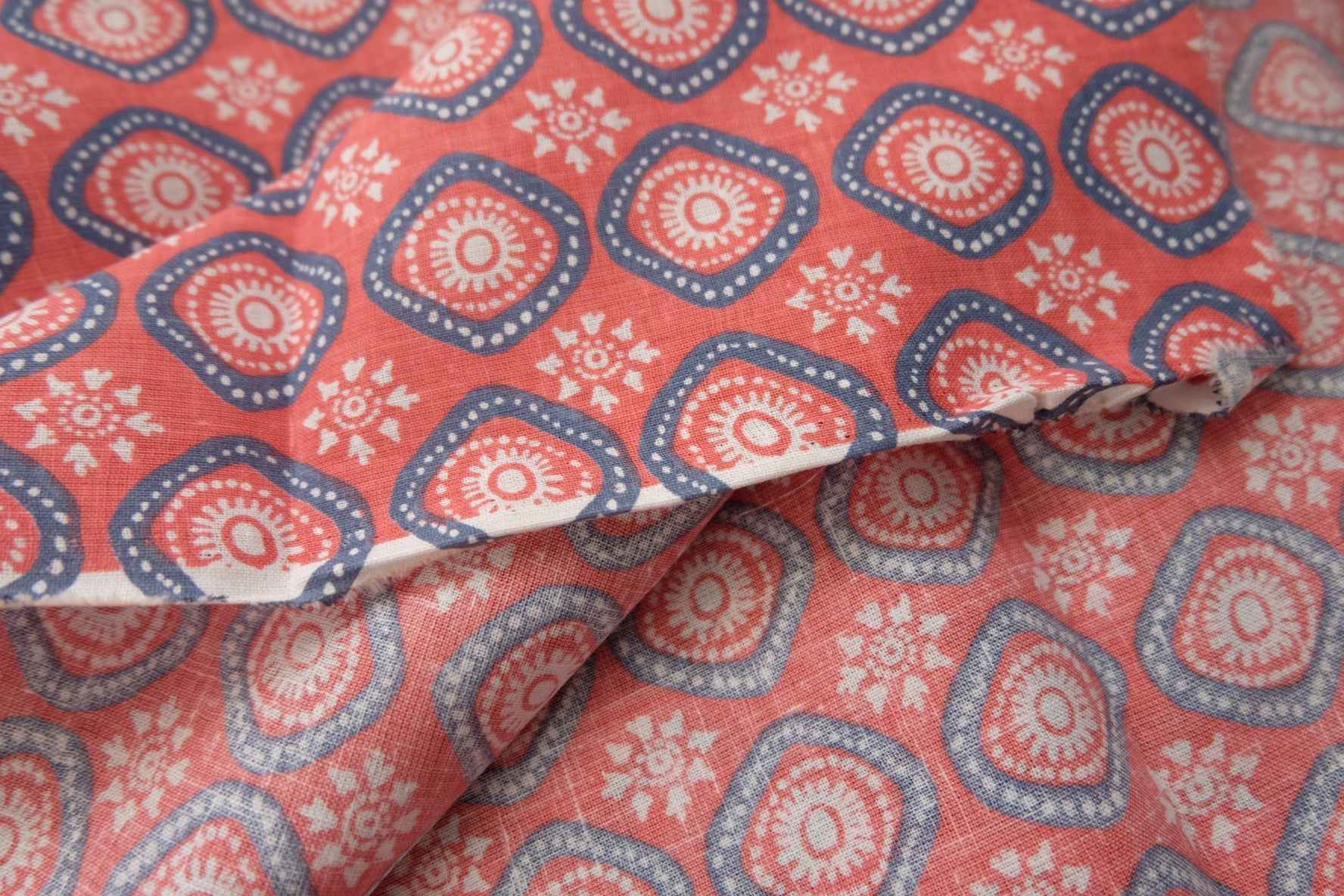 Red Geometric Folk Cotton Linen Blend (2.2yards)