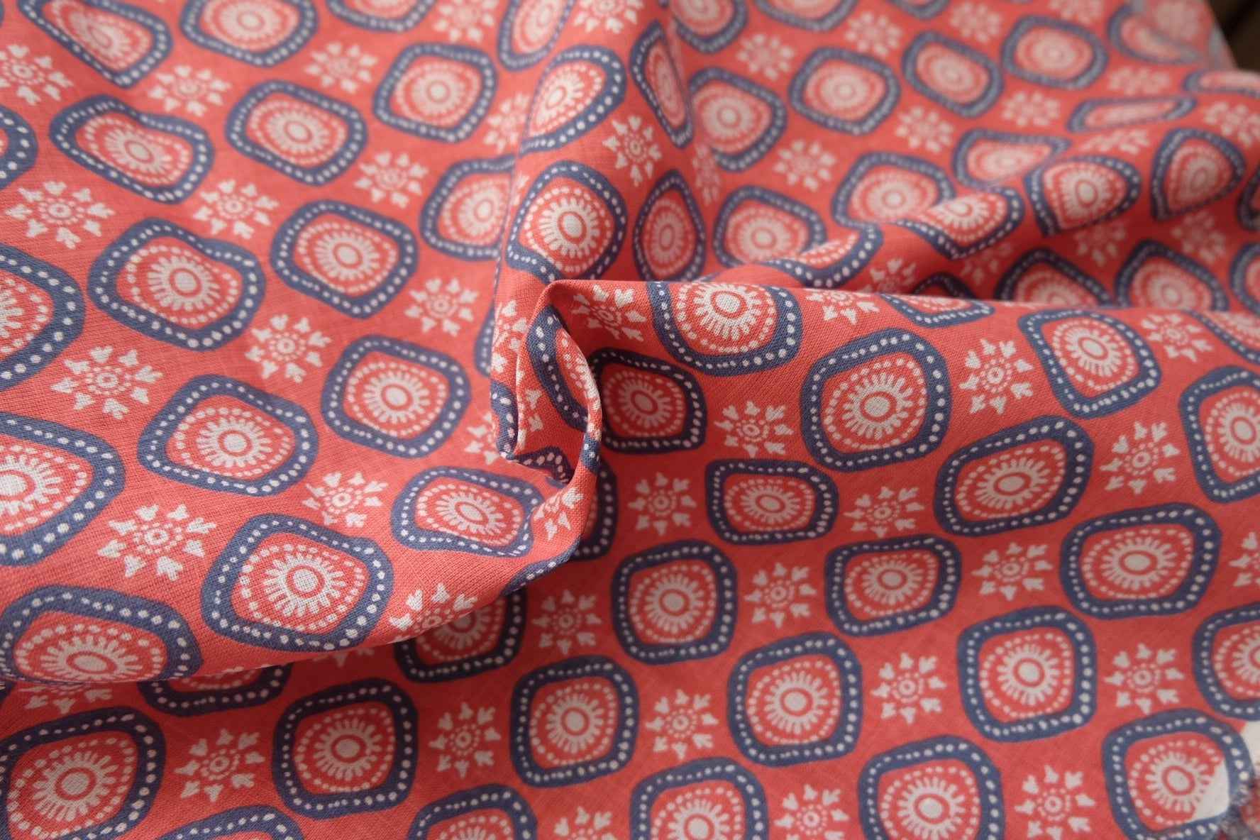 Red Geometric Folk Cotton Linen Blend (2.2yards)