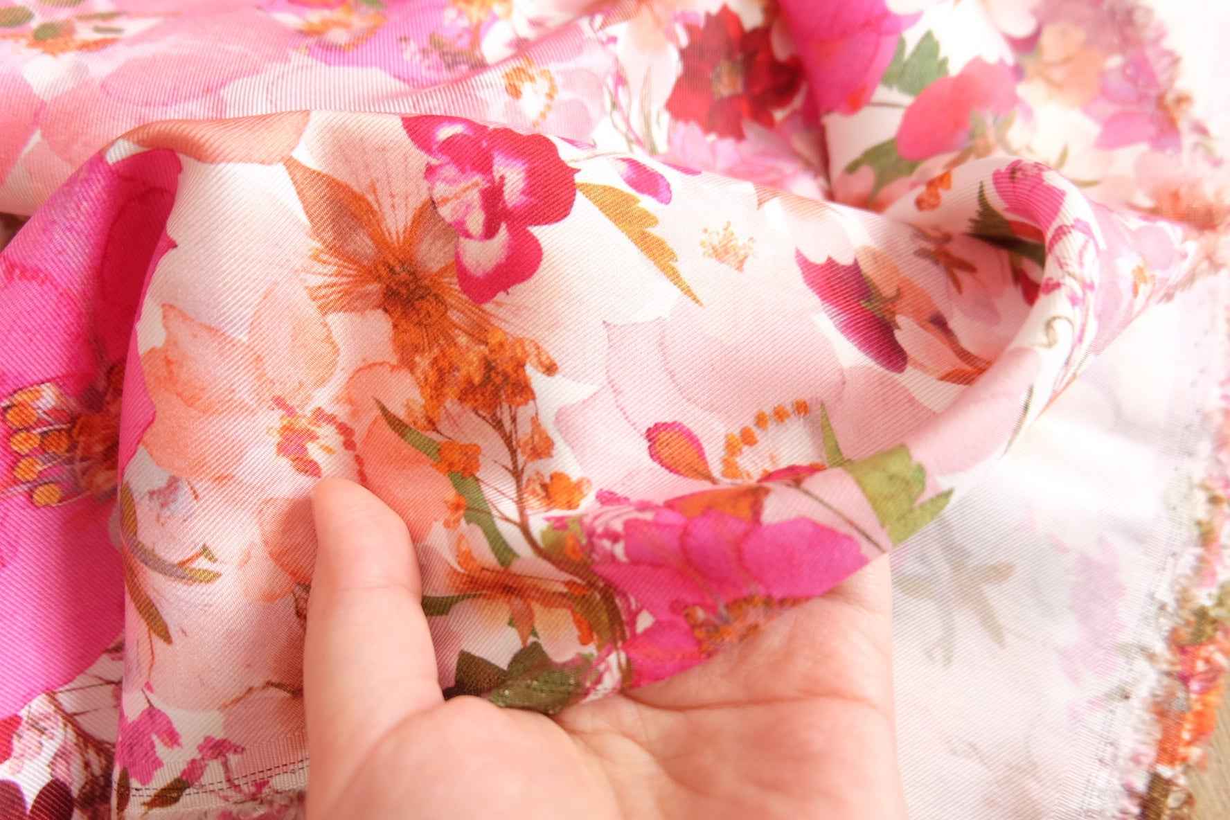 Romantic Floral Silk-Look Twill Fabric – Drapey Satin Finish (3.28 yards)