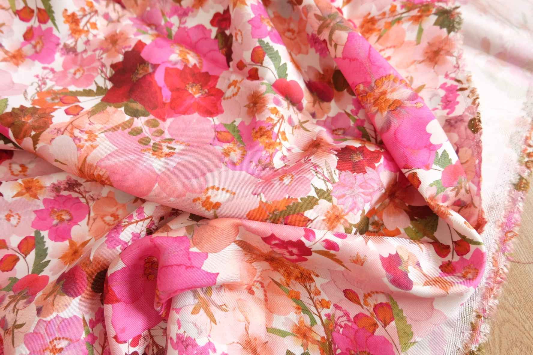 Romantic Floral Silk-Look Twill Fabric – Drapey Satin Finish (3.28 yards)