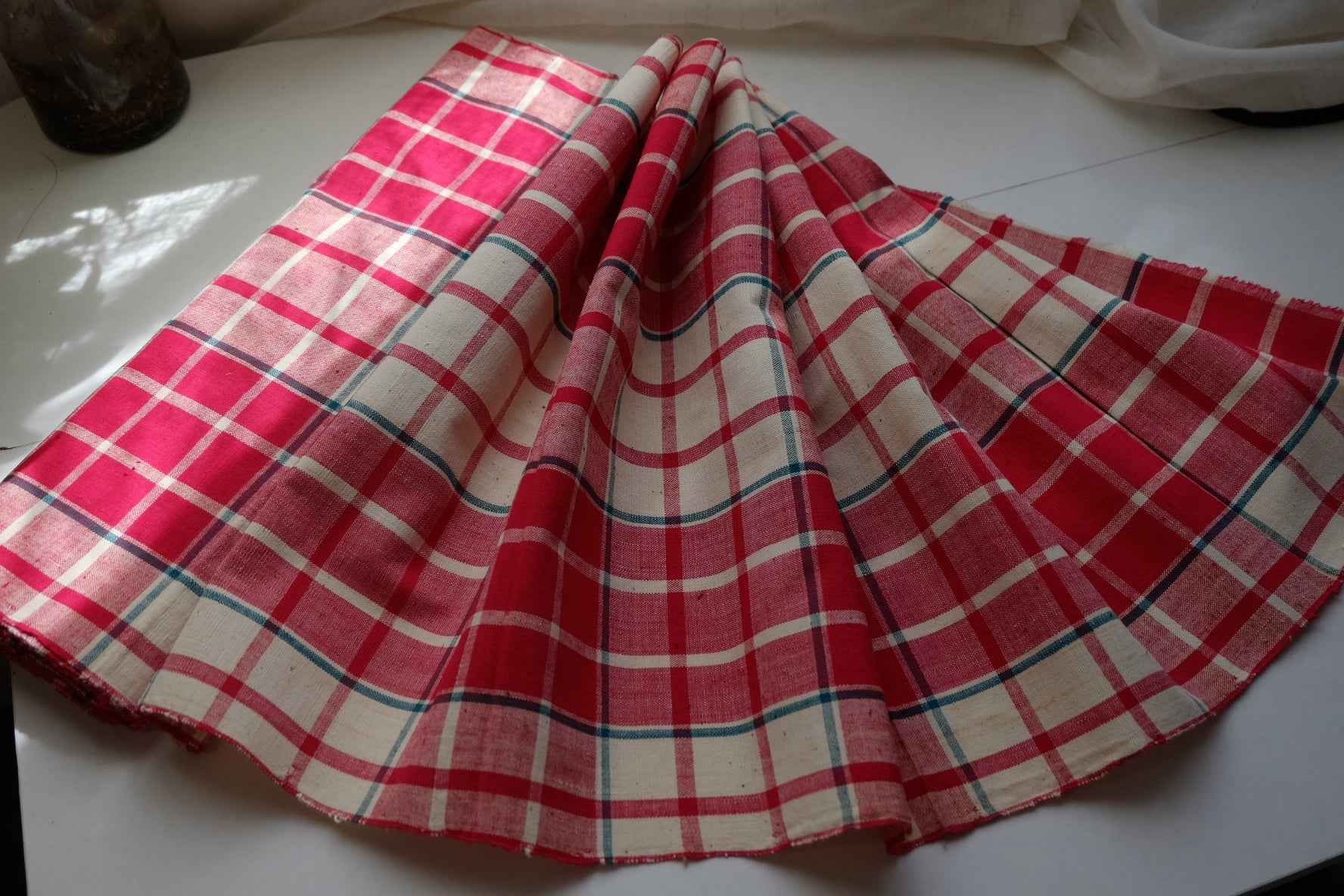 Rose Garden Check: Southern Tǔbù in White & Rose Pink with Green Accents - 37cm Width - BUBBO