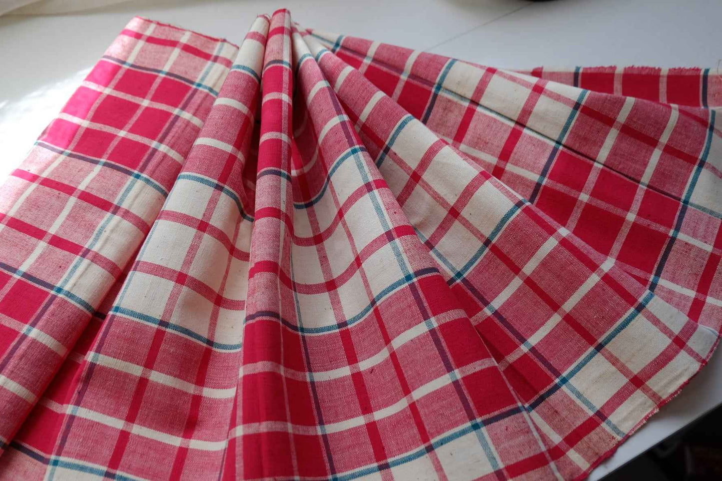 Rose Garden Check: Southern Tǔbù in White & Rose Pink with Green Accents - 37cm Width - BUBBO