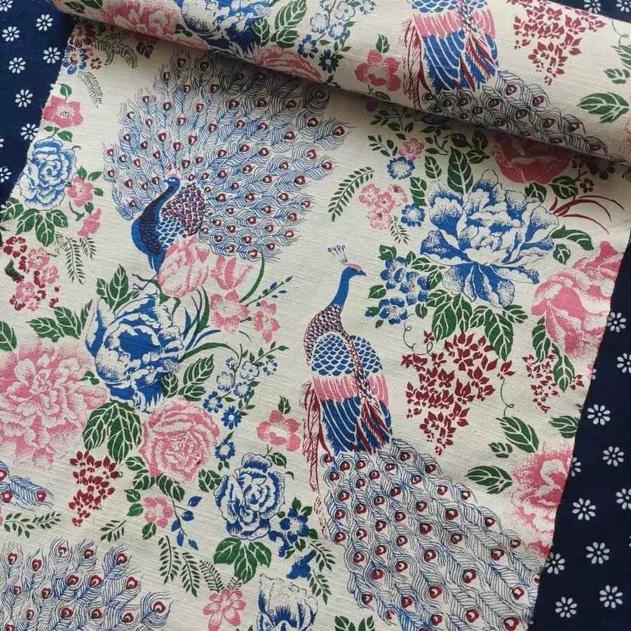 "Royal Garden" Heritage Print - Peacock & Peonies on Hand-Spun Cotton