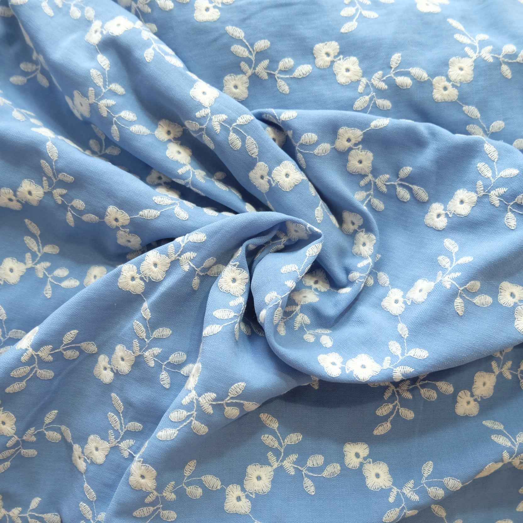 Sky Blue Embroidered Floral Fabric – Medium Weight Drapey Dress Fabric (2.19 yds)