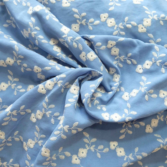 Sky Blue Embroidered Floral Fabric – Medium Weight Drapey Dress Fabric (2.19 yds)