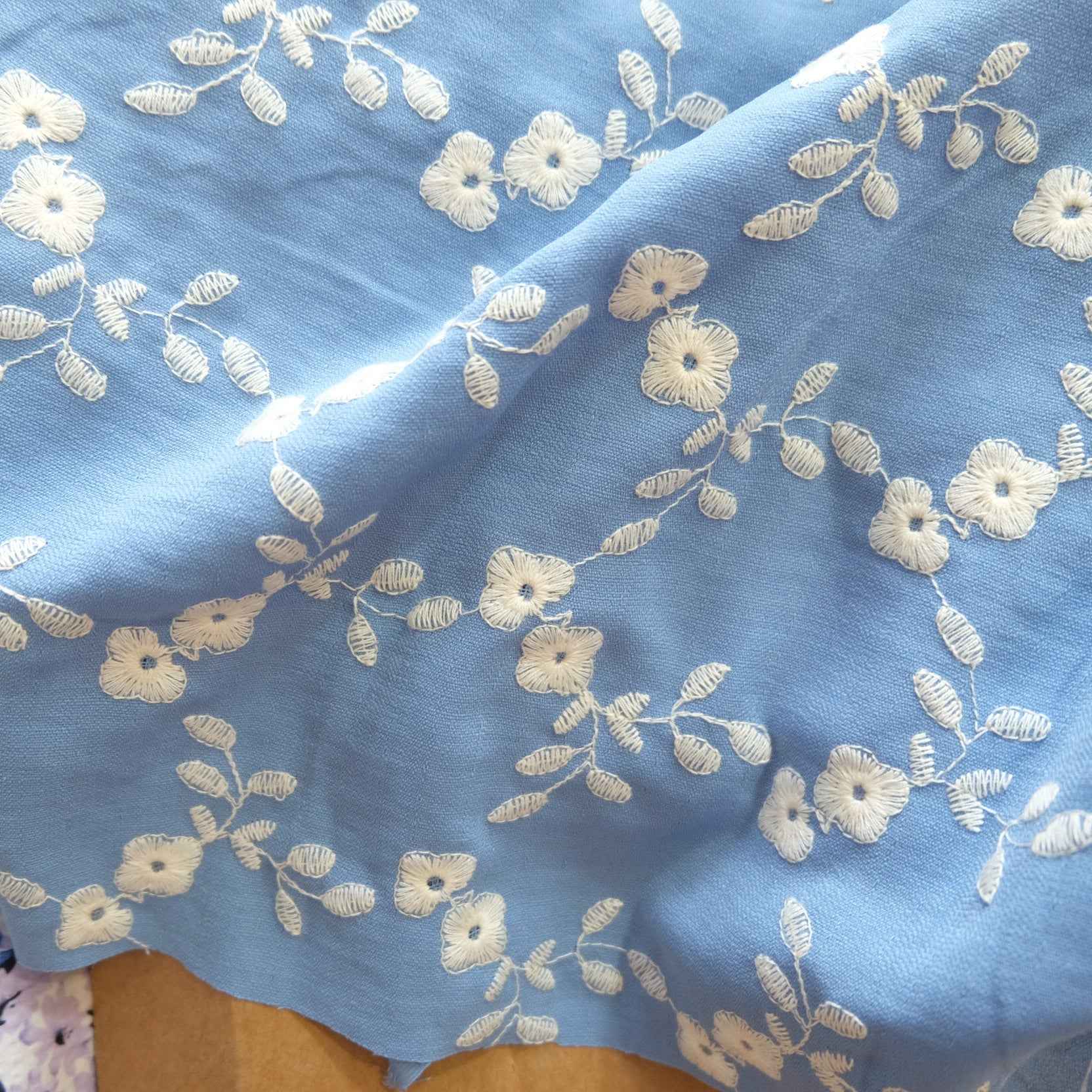 Sky Blue Embroidered Floral Fabric – Medium Weight Drapey Dress Fabric (2.19 yds)