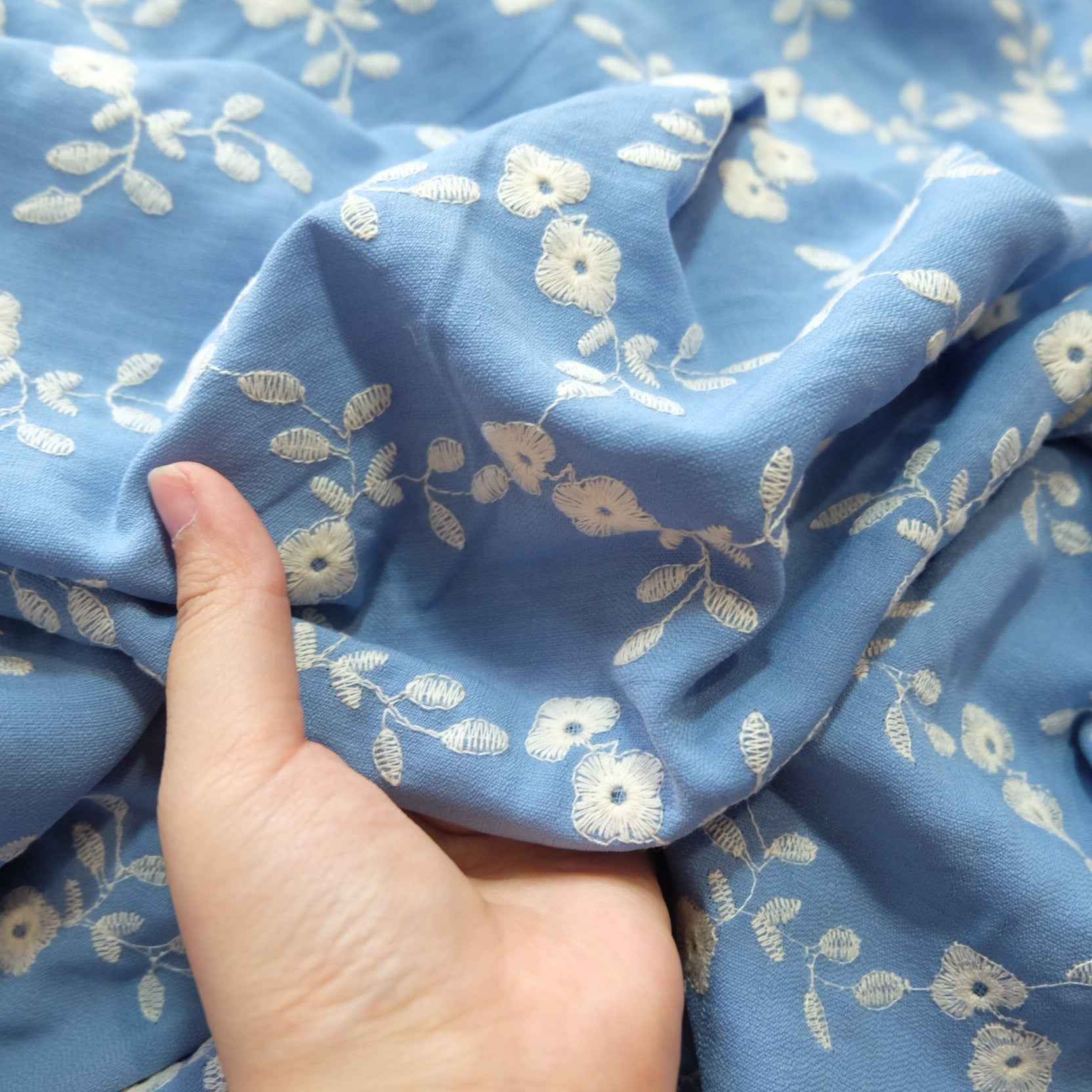 Sky Blue Embroidered Floral Fabric – Medium Weight Drapey Dress Fabric (2.19 yds)