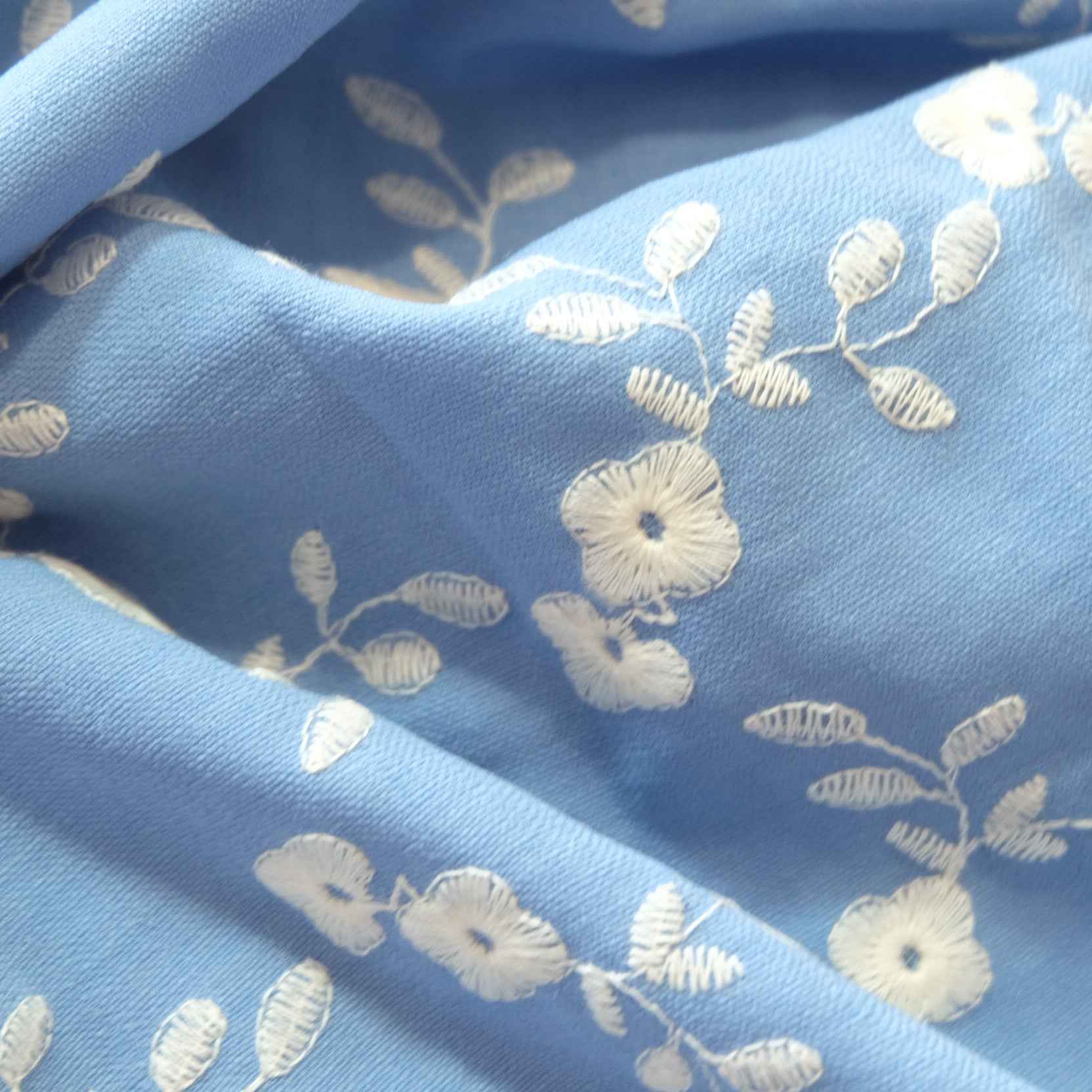 Sky Blue Embroidered Floral Fabric – Medium Weight Drapey Dress Fabric (2.19 yds)