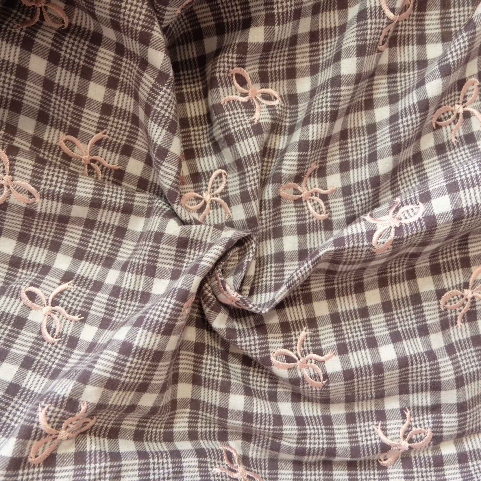 Soft Brushed Cotton Plaid with Pink Bow Embroidery – Skirt & Shirt Fabric (2.19 yds)