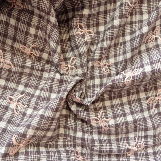 Soft Brushed Cotton Plaid with Pink Bow Embroidery – Skirt & Shirt Fabric (2.19 yds)