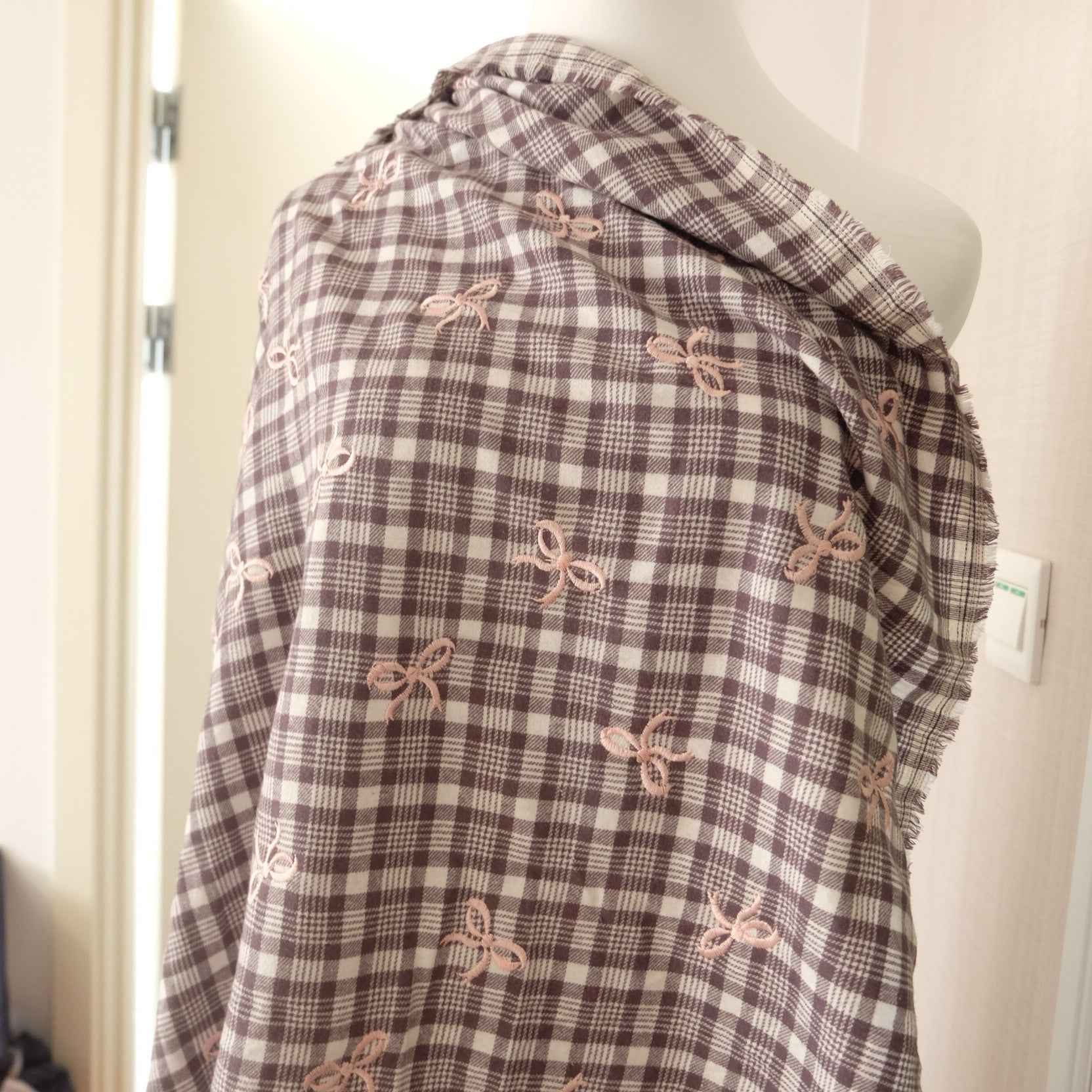 Soft Brushed Cotton Plaid with Pink Bow Embroidery – Skirt & Shirt Fabric (2.19 yds)