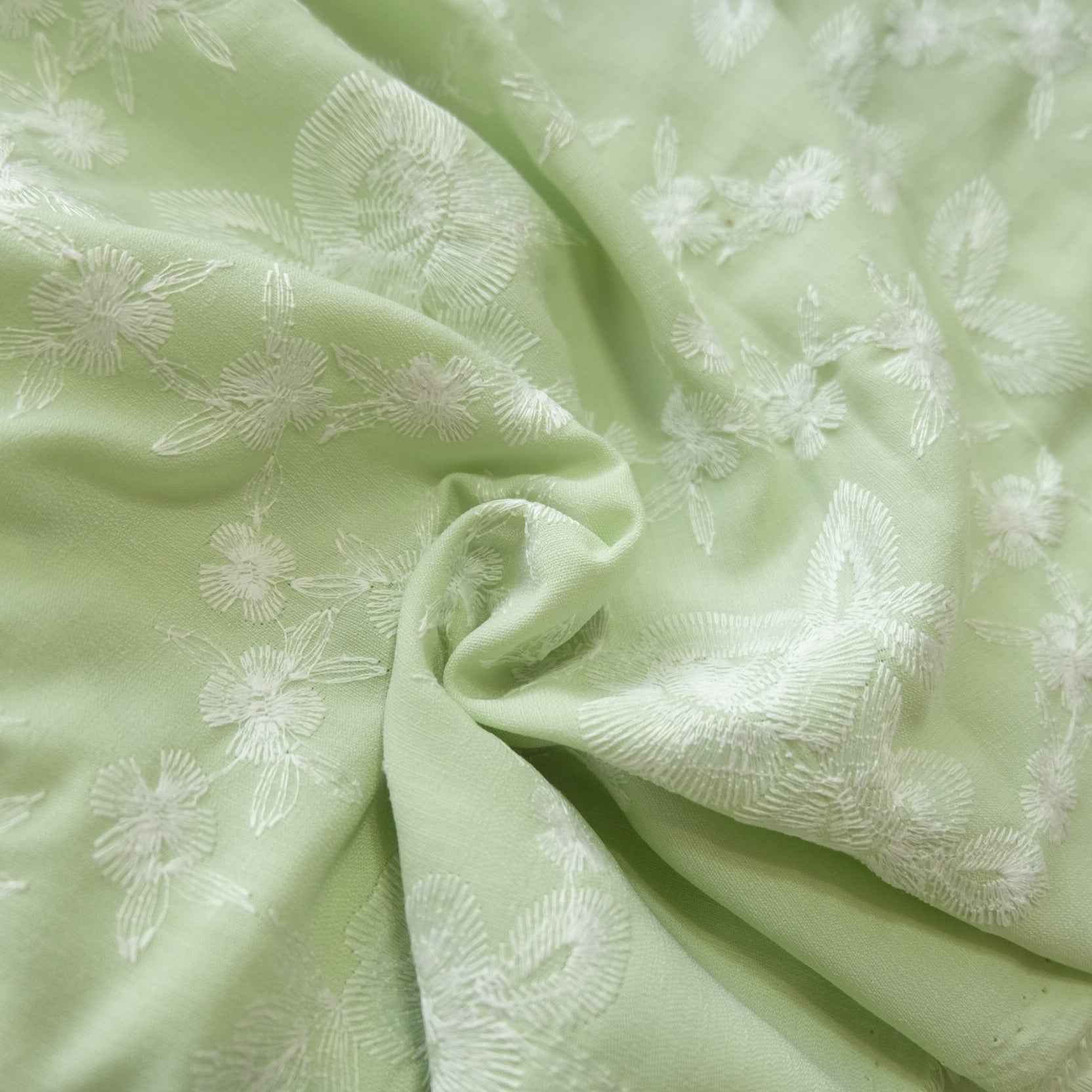 Spring Green Embroidered Floral Fabric – Drapey Blended Dress Fabric (2.19 yds)