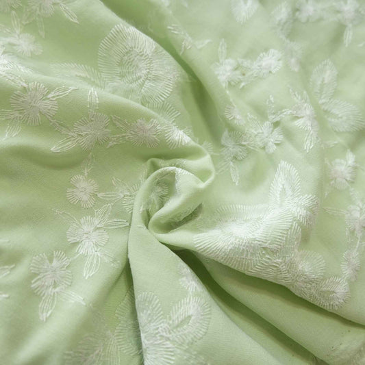 Spring Green Embroidered Floral Fabric – Drapey Blended Dress Fabric (2.19 yds)