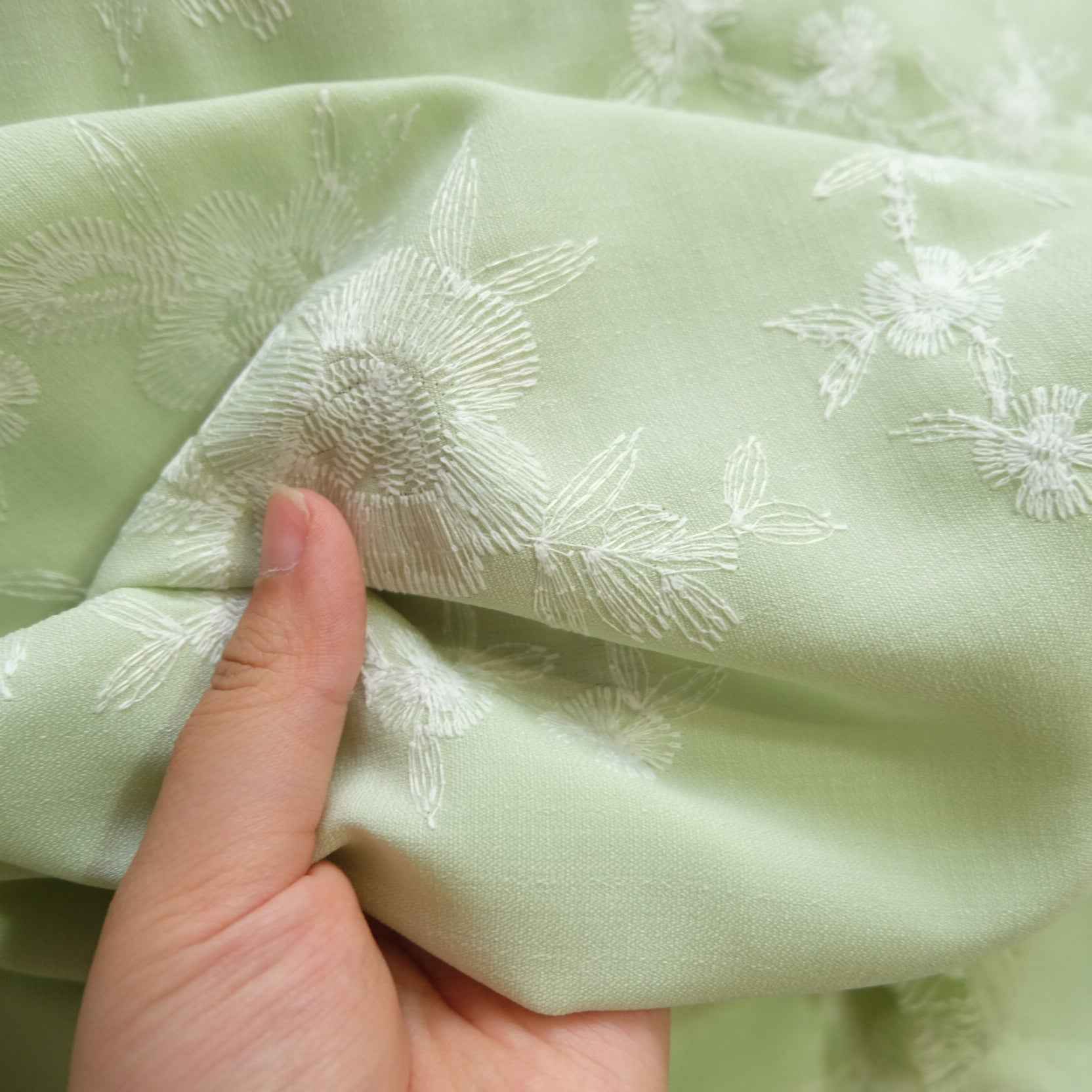 Spring Green Embroidered Floral Fabric – Drapey Blended Dress Fabric (2.19 yds)