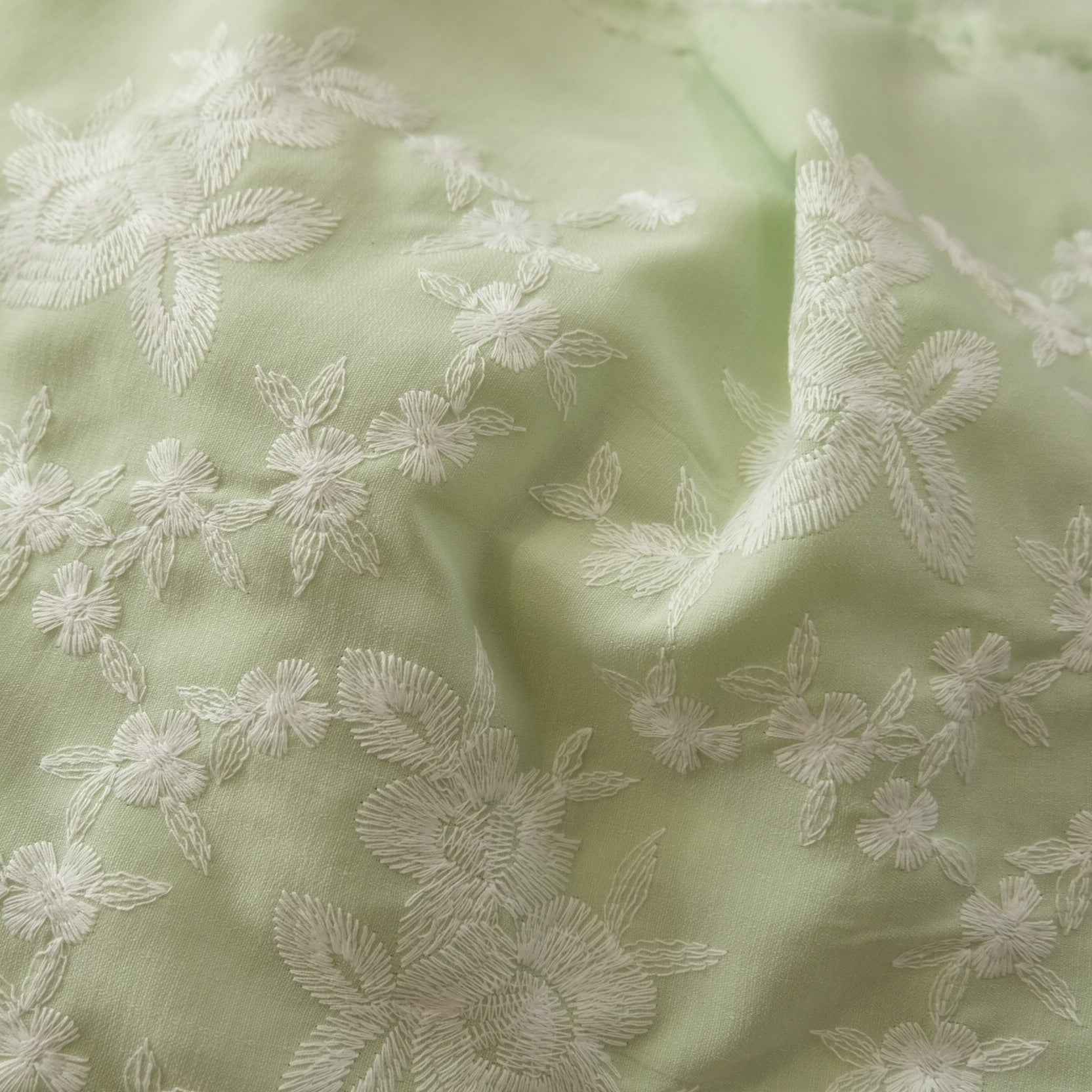 Spring Green Embroidered Floral Fabric – Drapey Blended Dress Fabric (2.19 yds)