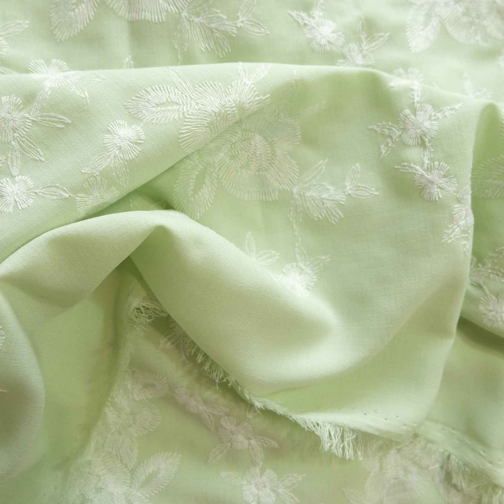 Spring Green Embroidered Floral Fabric – Drapey Blended Dress Fabric (2.19 yds)