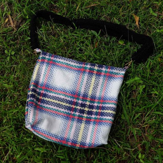 The Artisan Tote - Signature Edition Featuring heritage fabric with "stepped - flower" pattern and a soft faux lambswool strap - BUBBO